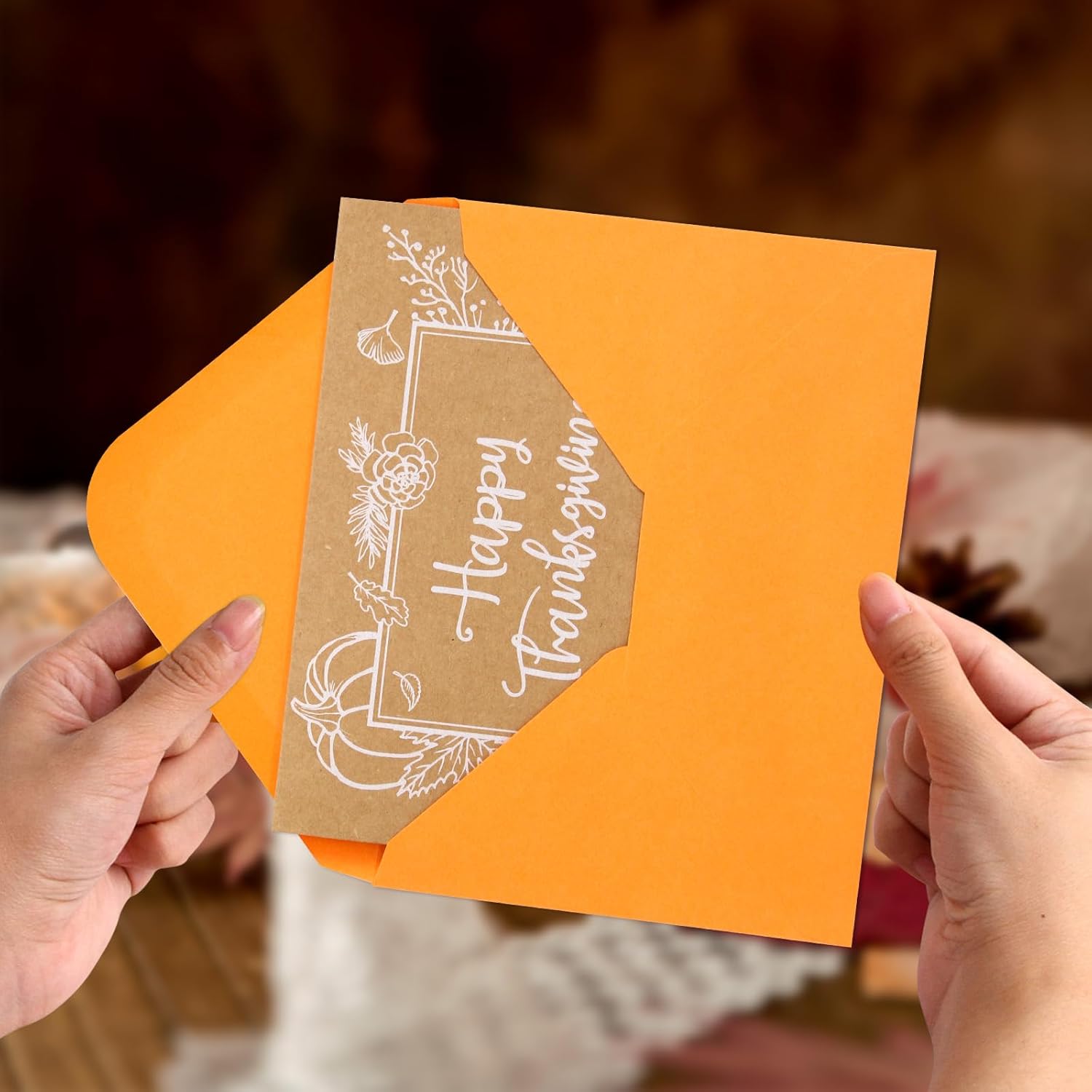 WorldBazaar Tarjetas de Acción de Gracias con sobres, 24 unidades, calabaza de otoño, tarjetas de felicitación de papel kraft para otoño y Acción de