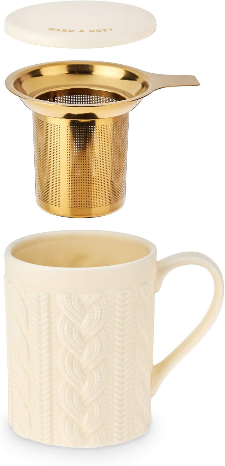 Pinky Up Annette – Taza de té de cerámica e infusor de té de hojas sueltas, accesorios de té de hojas de Loos, taza de té, diseño de punto, 12 onzas
