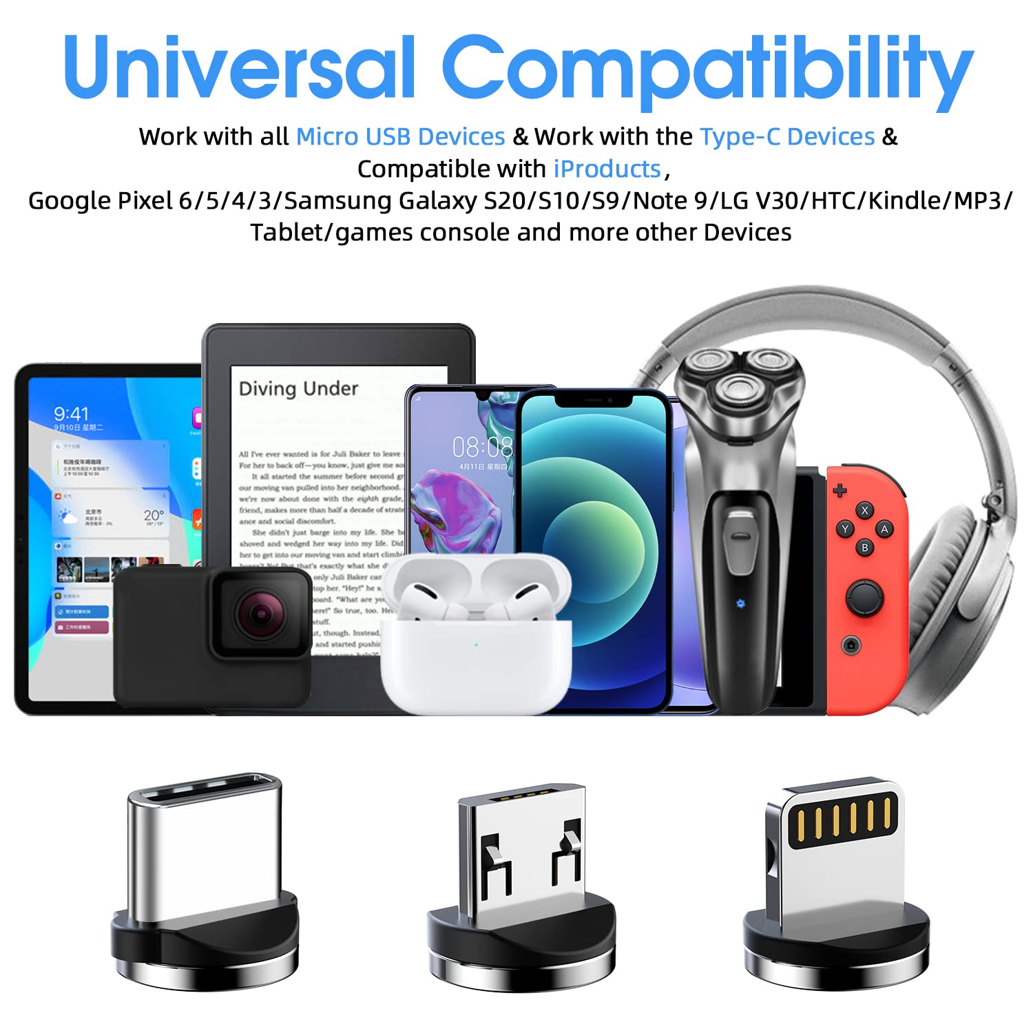 Cable de carga magnético paquete de 3, 10 pies10 pies10 pies Cargador magnético giratorio de 540 para teléfono, cable USB magnético 3 en 1 con luz