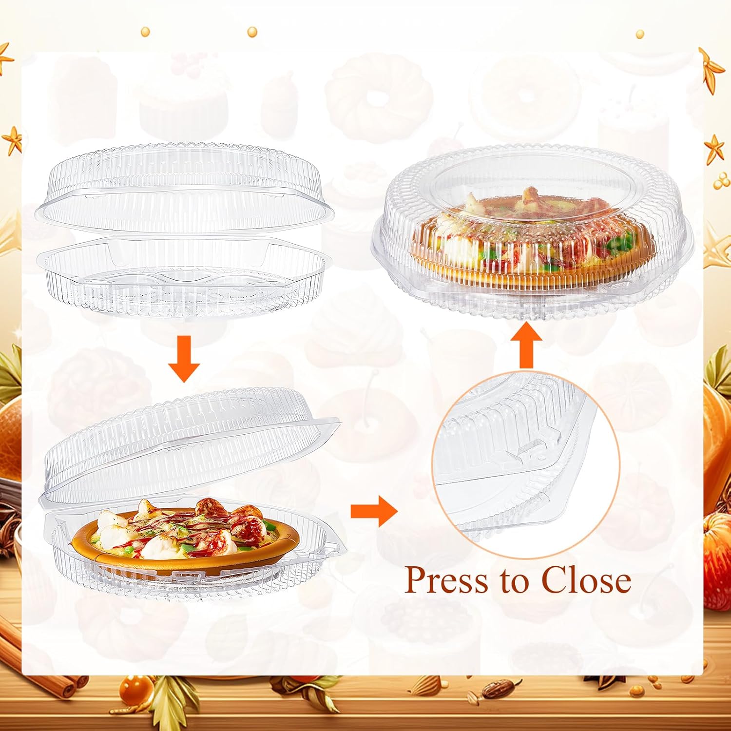 100 recipientes desechables de plástico de 9 pulgadas para tartas con tapas de bloqueo con bisagras, recipientes transparentes para flan con tapas,