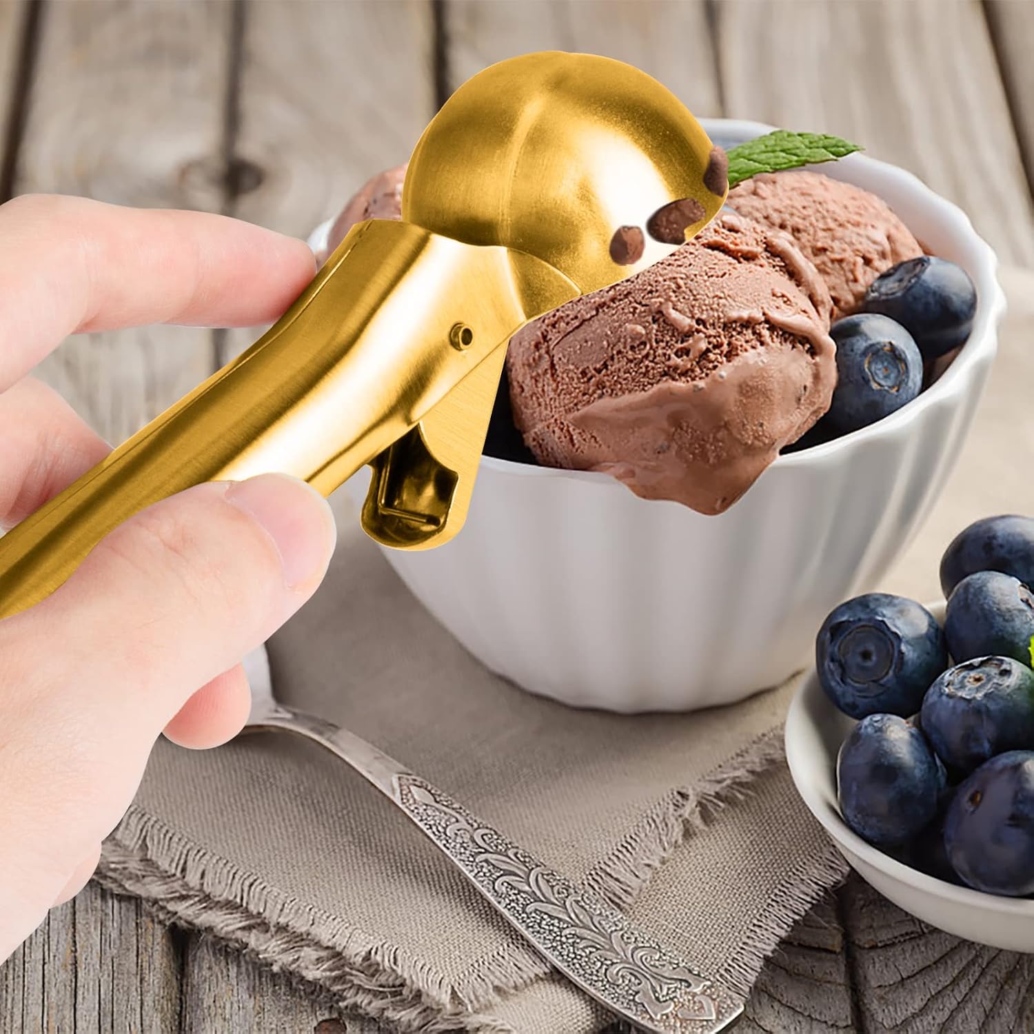 Cuchara de helado de alta calidad con gatillo de acero inoxidable, cuchara de metal resistente para helados, apta para lavavajillas, perfecta para