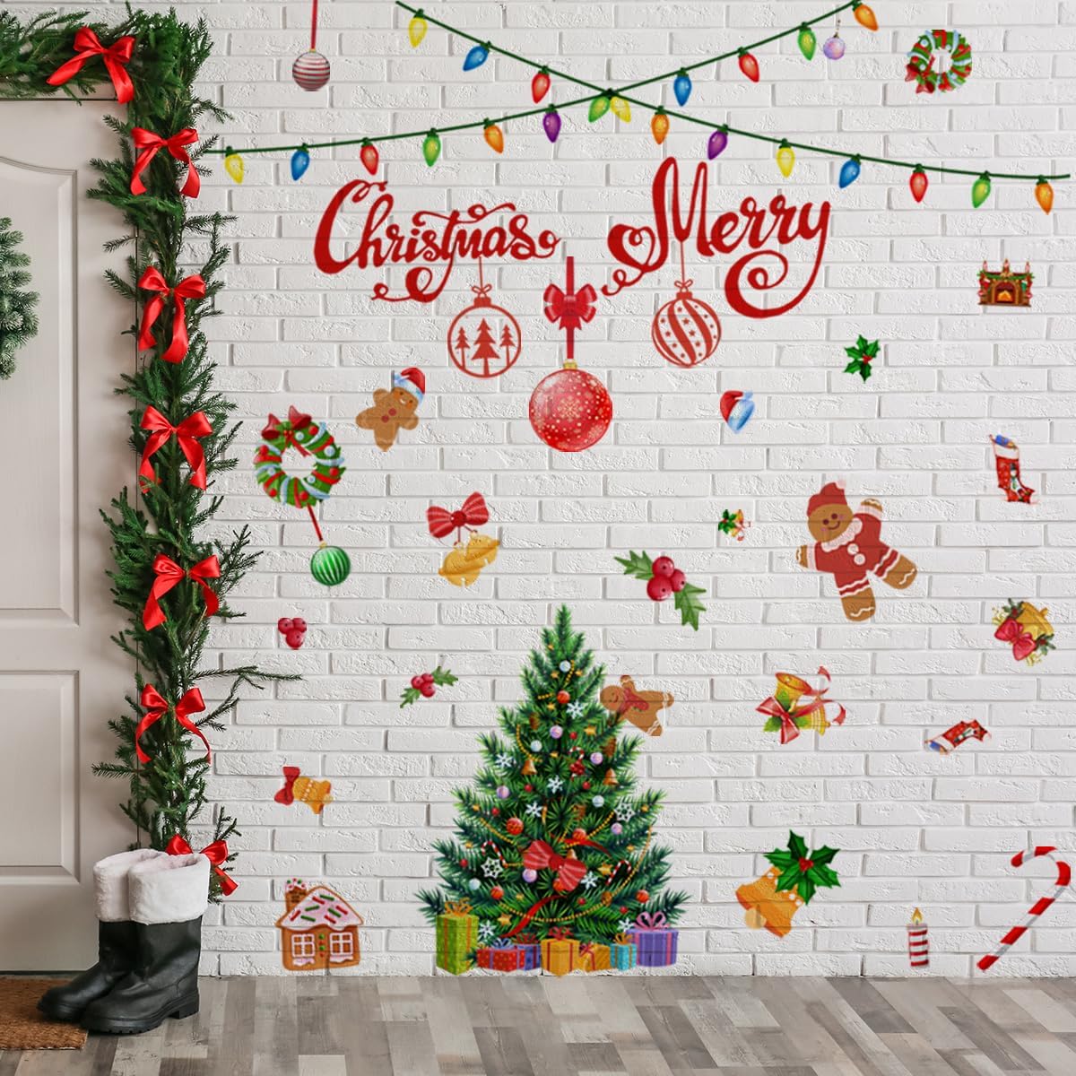 47.24 x 47.24 pulgadas, calcomanía de pared de Feliz Navidad, árbol de Navidad, bola de luz de globo, calcomanías de pared extraíbles para
