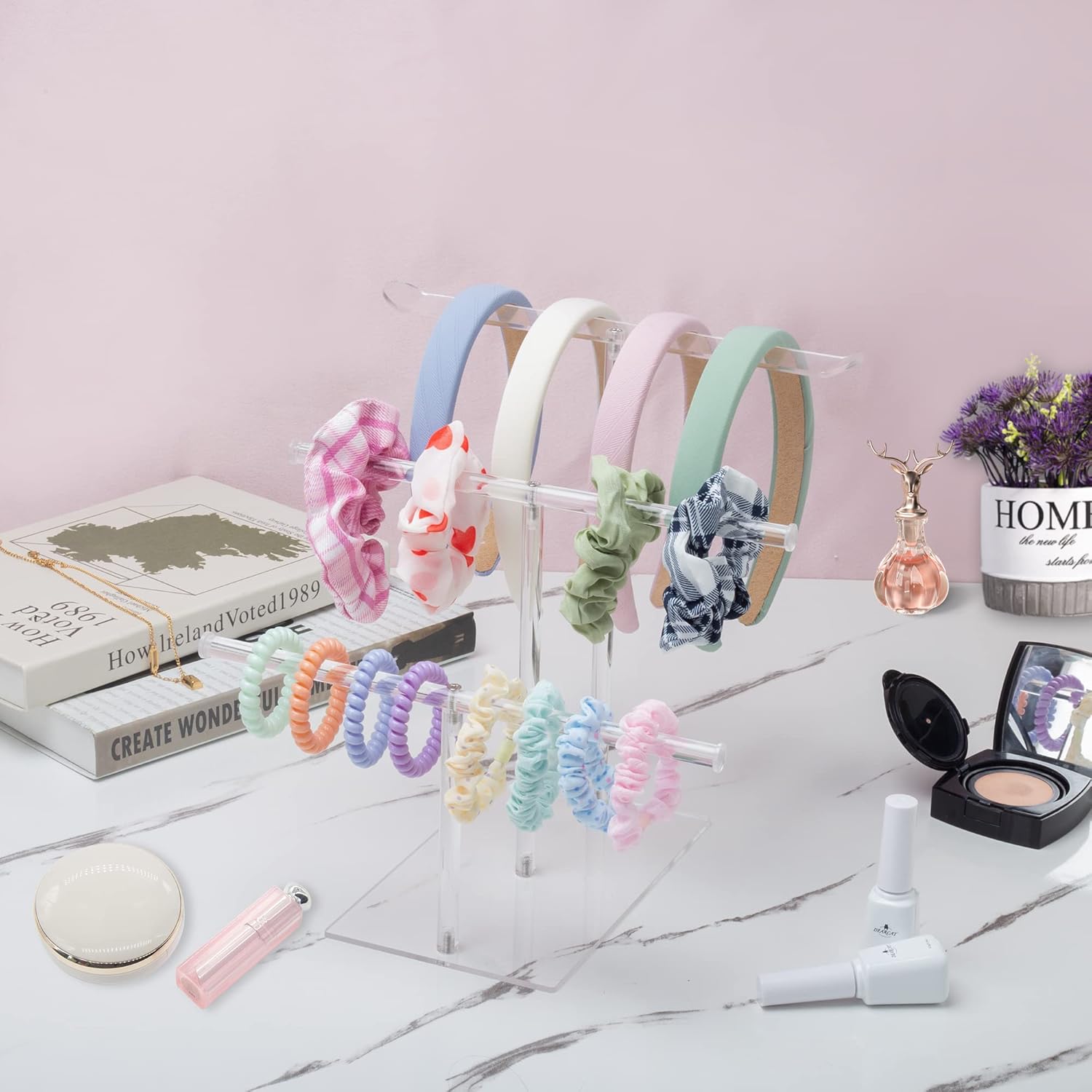 Acrylic Headband Holder Organizer Storage, 3-Tier Clear Scrunchie Holder Stand Hair Accessories Organizer Hair Tie Display Headband Stand for Women