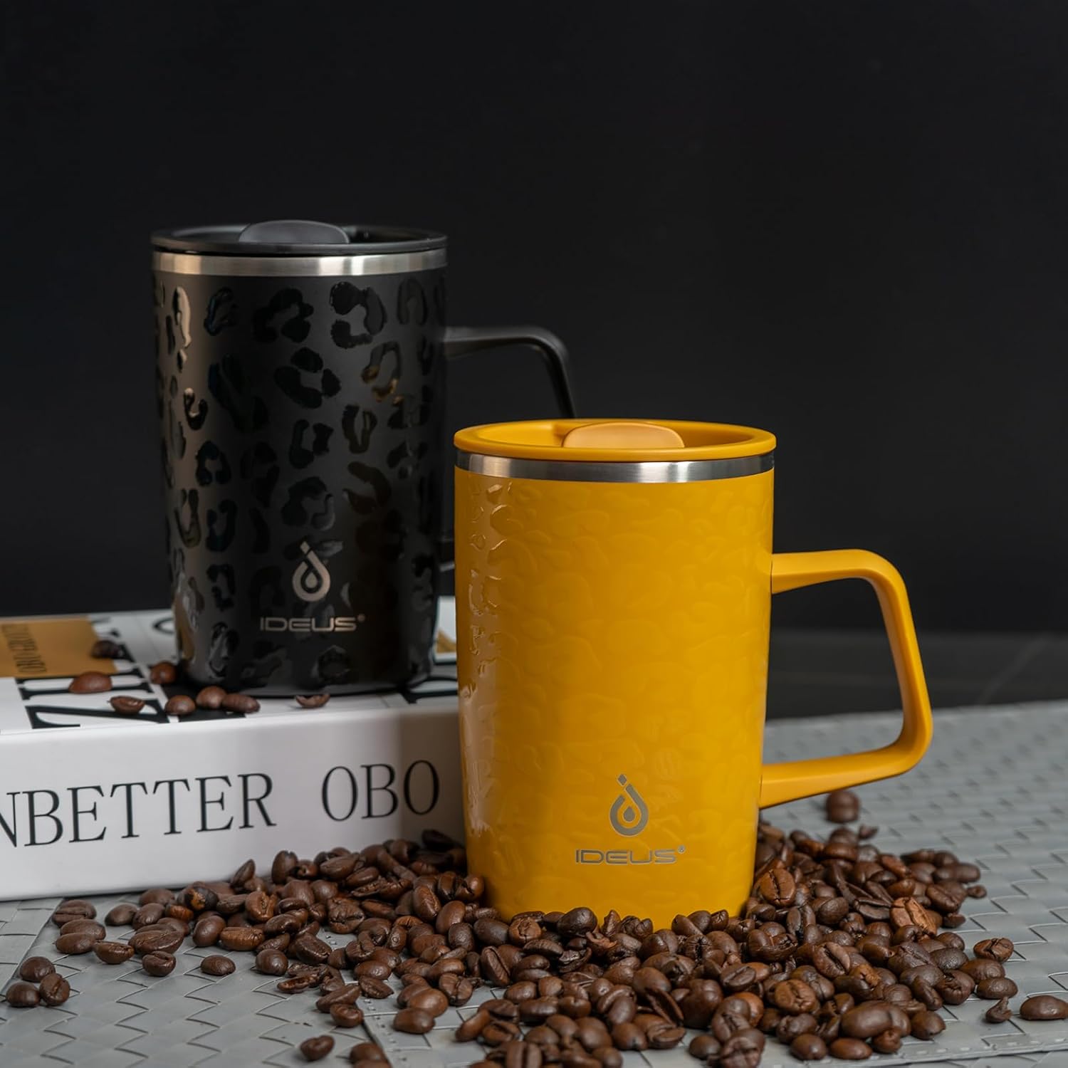 Ideus Taza de café aislada al vacío, reutilizable, de acero inoxidable, de doble pared, de 16 onzas, con asa y tapa deslizante para bebidas