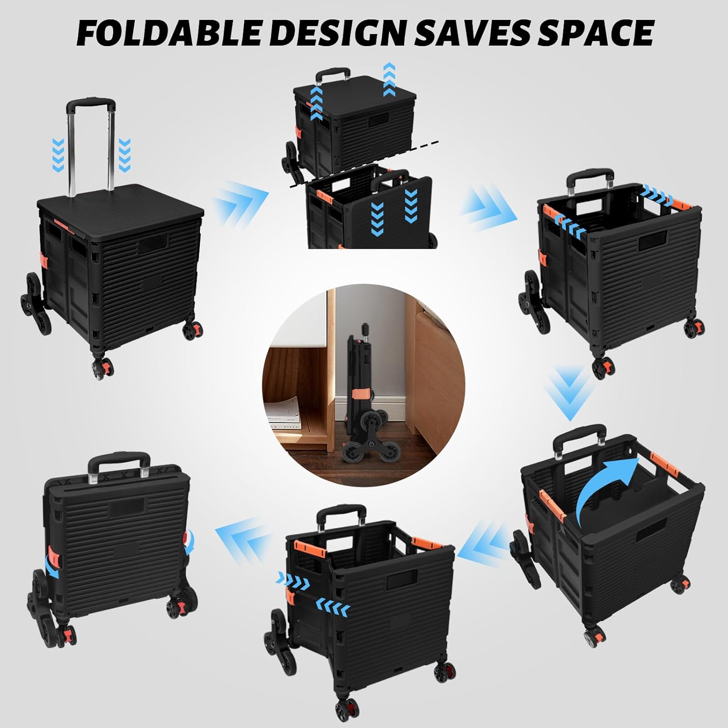 FELICON SELORSS – Carrito plegable portátil con ruedas para subir escaleras y ruedas giratorias de 360, mango telescópico, caja de plástico para