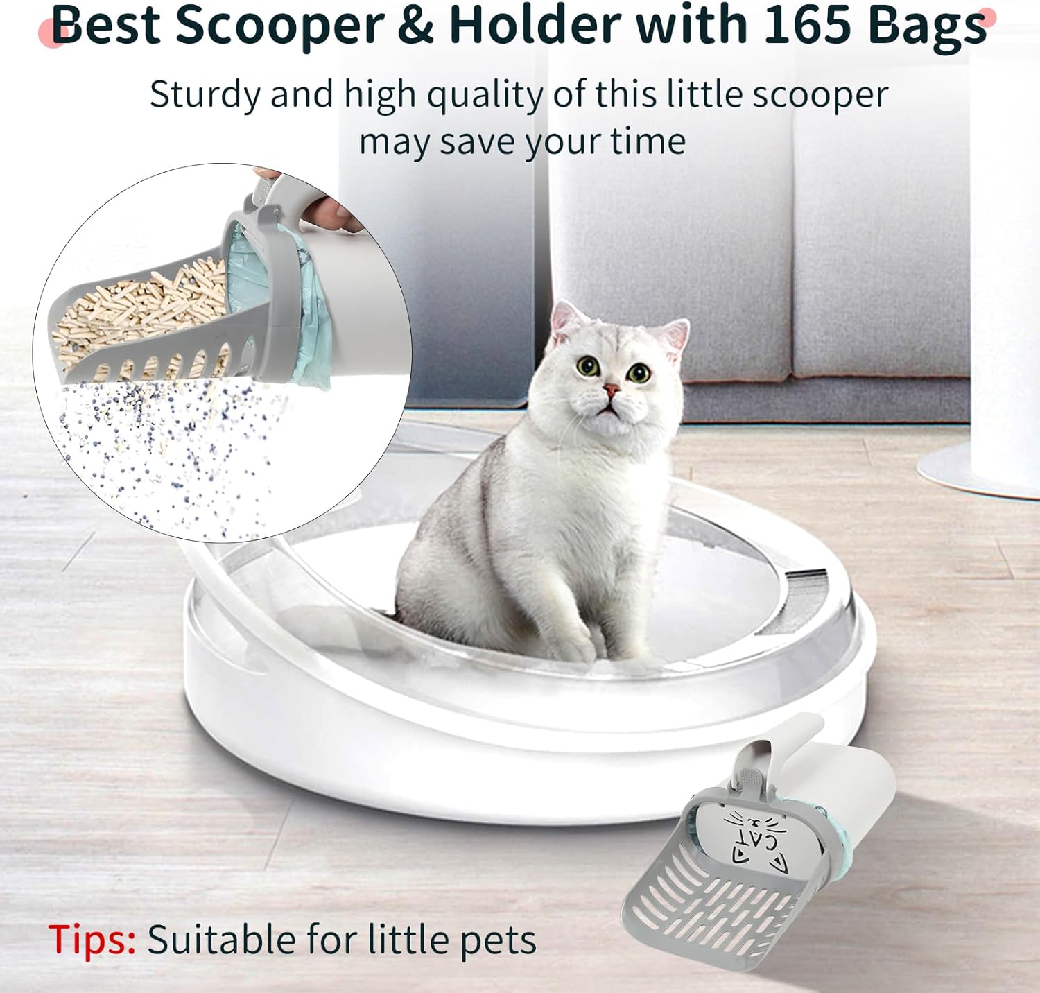 Tamiz de arena grande para gatos con bolsas, pala de arena para gatos mejorada con soporte y basura, pala para gatos con bolsas de basura