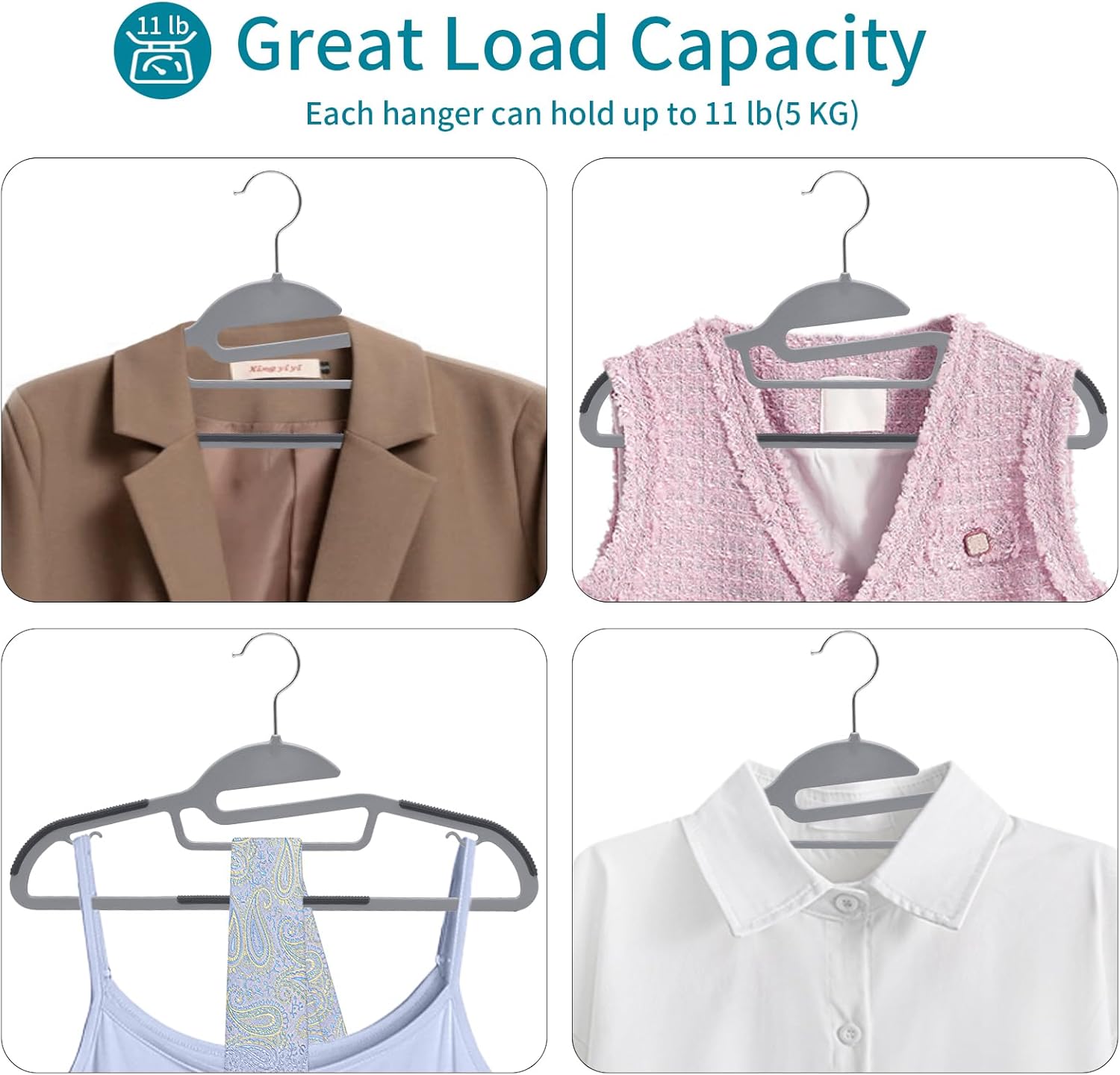 Paquete de 50 perchas de plástico para abrigos, perchas resistentes para pantalones, perchas para trajes que ahorran espacio con apertura en forma