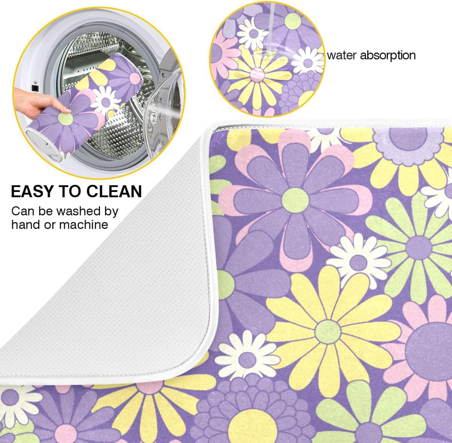Colorful Flowers Painting Dish Mat Washnable Absorbent Kitchen Countertop Decor Countertop Protector Heat Resistant Tapete Para Cocina 16” x 18”