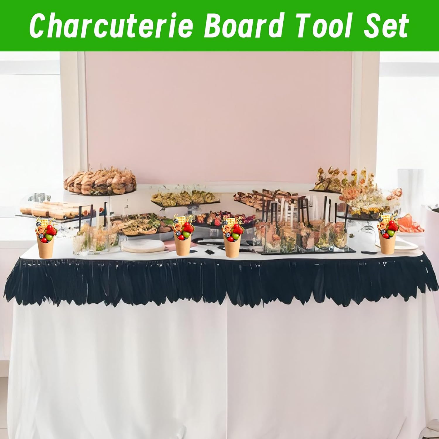 Juego de tazas de charcutería de 12 onzas, 24 tazas con 100 púas de coctail, soporte para papas fritas y brochetas de nudo de bambú, kit de