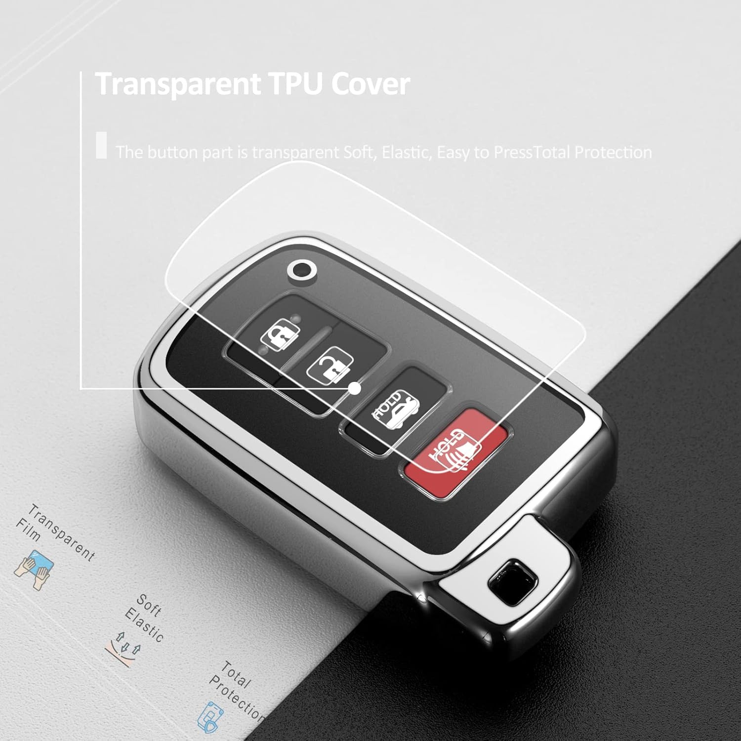 Funda compatible con llavero Toyota para 4Runner Tacoma Tundra Highlander RAV4 Camry Corolla Avalon Sequoia – Funda plateada para llave de coche,