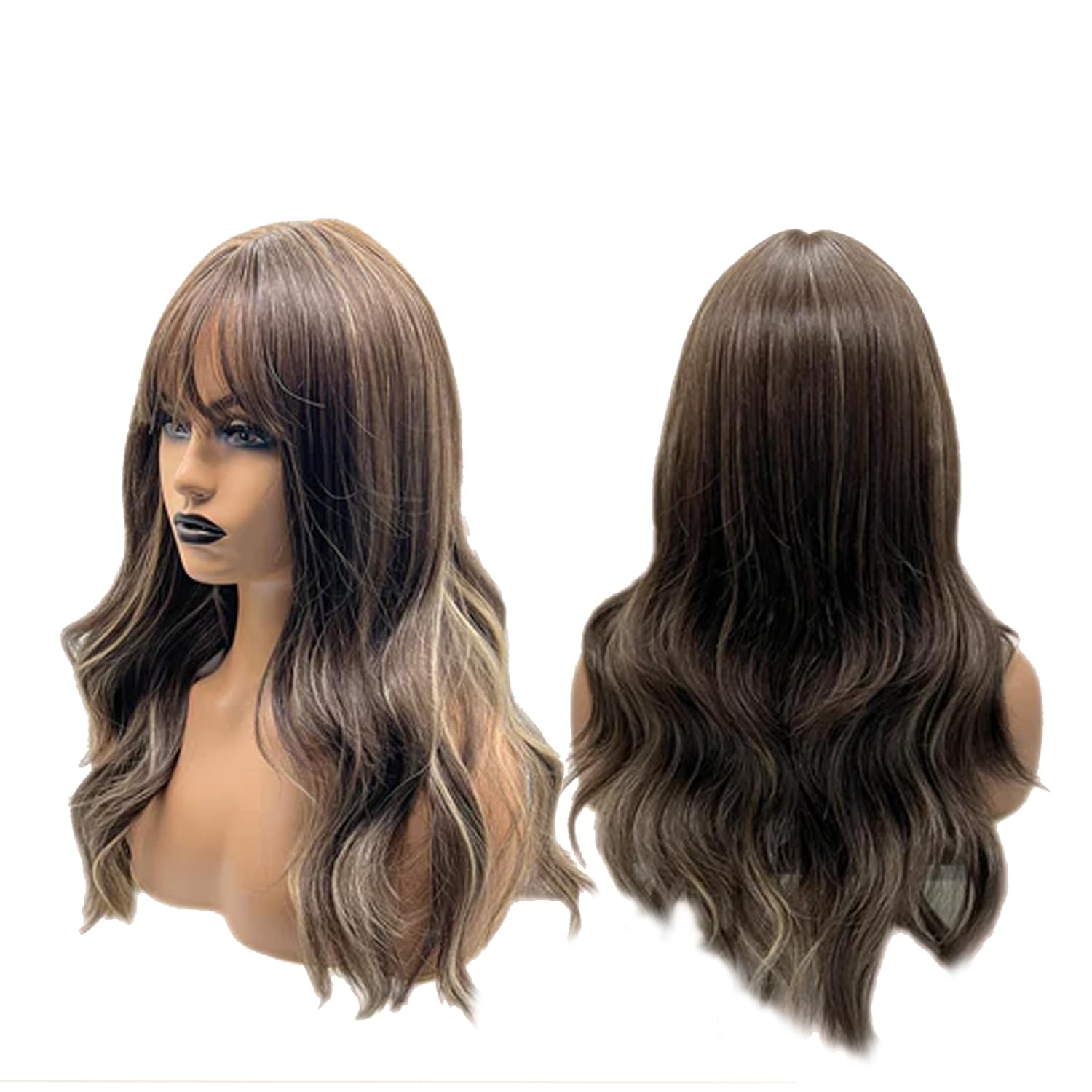 Peluca rizada marrón con reflejos CLAIRE con flequillo, pelucas sin pegamento para mujer, pelucas de cabello largo sintético natural para uso diario