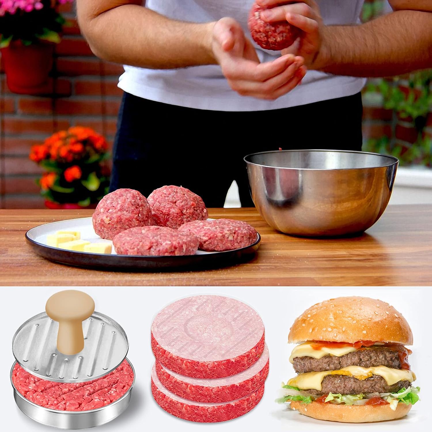DSTHISAR Prensa de hamburguesas, prensa de hamburguesas de acero inoxidable de 5 pulgadas, prensa antiadherente para hacer hamburguesas, para asar y