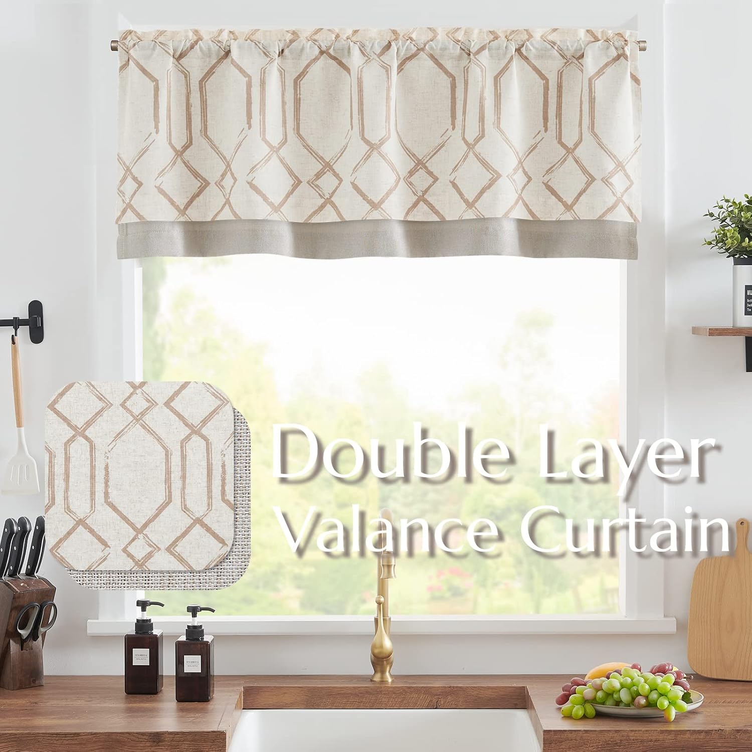 jinchan Cenefa de lino con estampado de azulejos marroquíes para ventanas, cenefa de diamante para sala de estar, cenefa geométrica opaca de doble