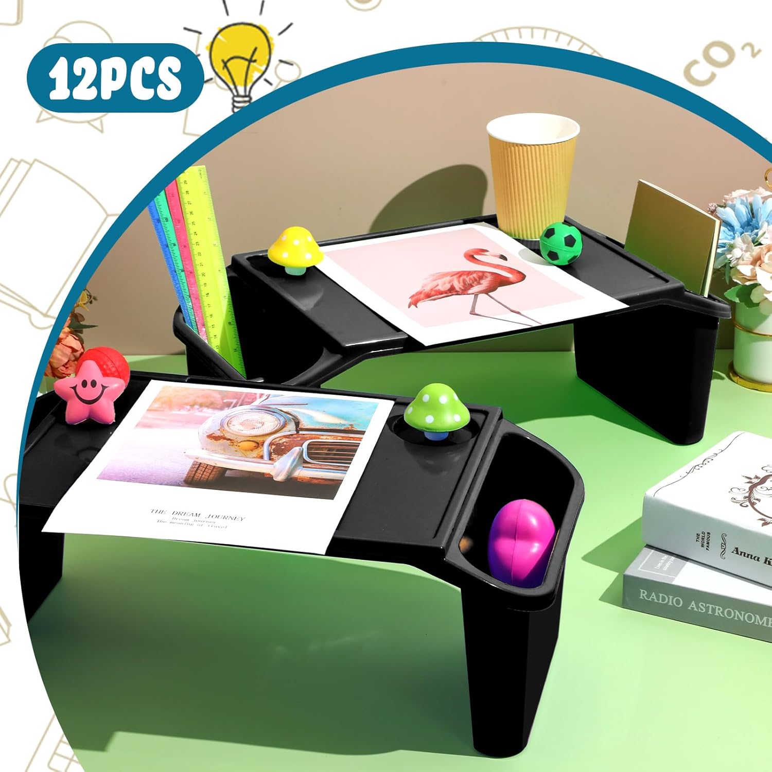 Kisston 12 piezas de escritorio de regazo para niños, bandeja de regazo a granel, mesa de cama de plástico con espacio de almacenamiento adicional,