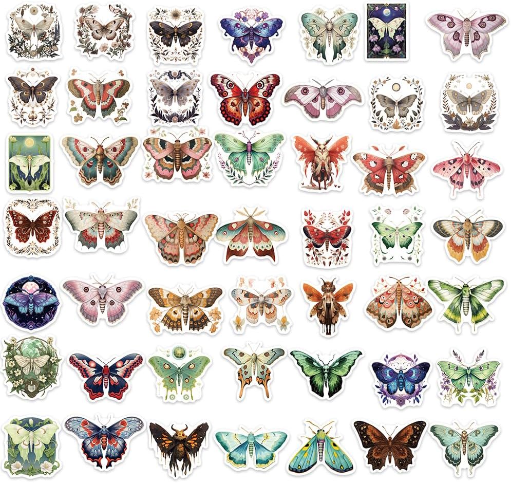 Calcomanías de polilla para álbumes de recortes, calcomanías estéticas de animales, 50 calcomanías de polilla de dibujos animados coloridas,