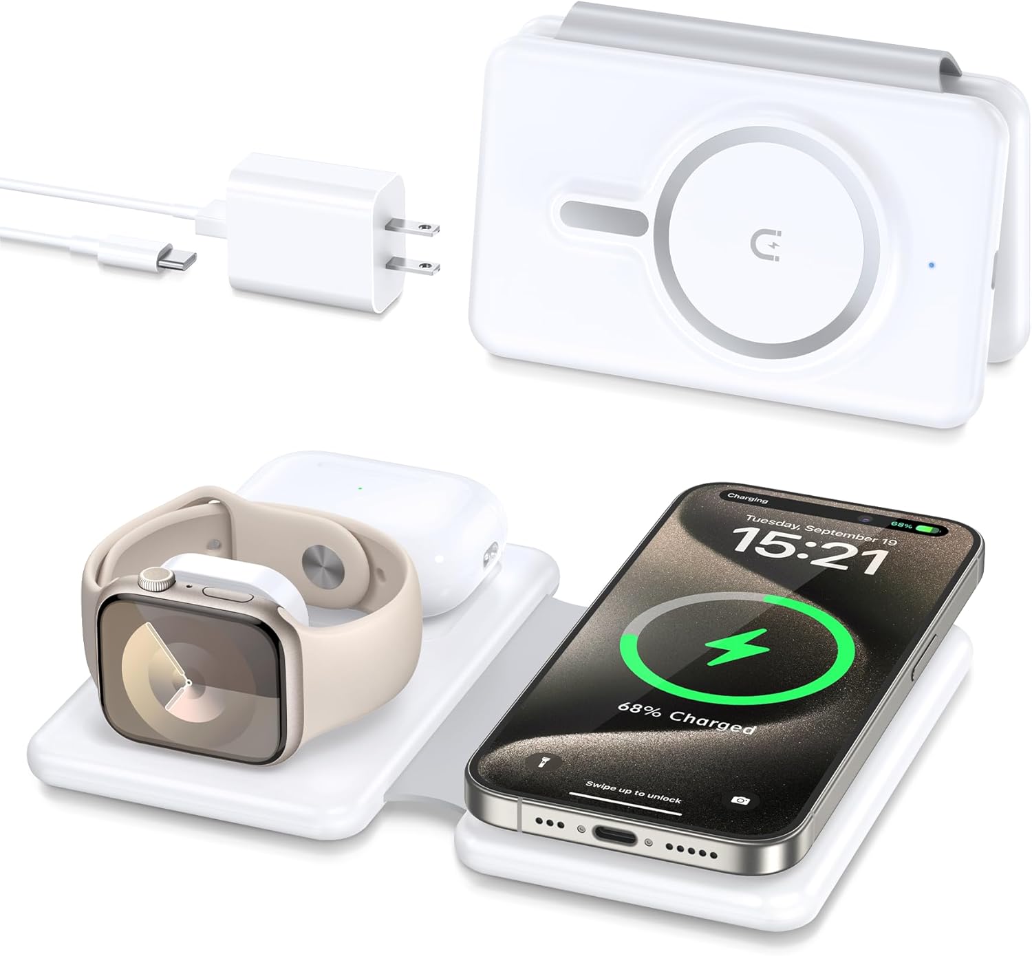 Cargador inalámbrico magnético para iPhone estación de carga de viaje 3 en 1 para dispositivos Apple para iPhone 15 14 13 12 Pro Max Plus –