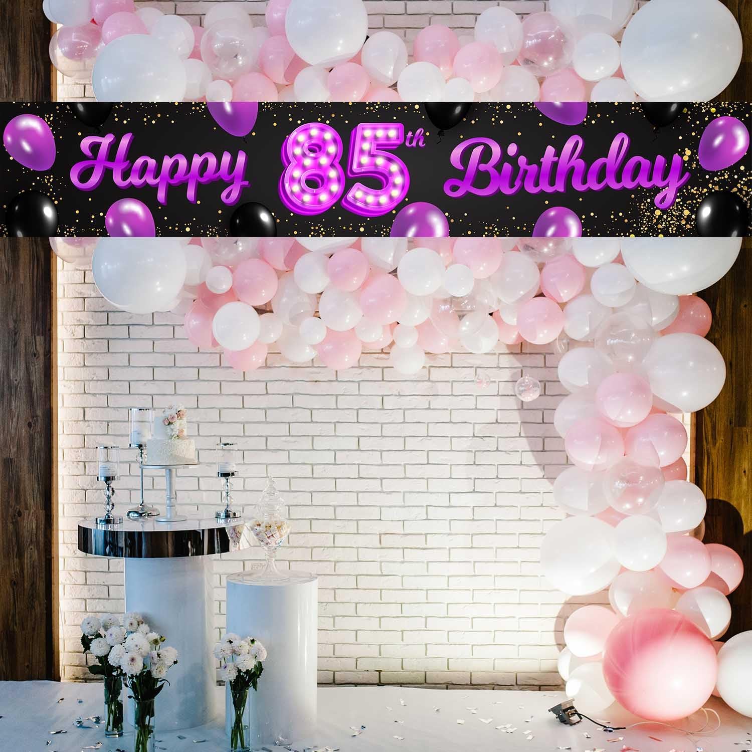 Cartel de feliz cumpleaños 85 morado y negro, decoración temática de globos de confeti para mujeres de 85 años, suministros de fiesta de cumpleaños,