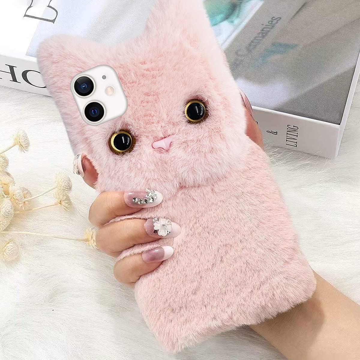 Funda de felpa de piel esponjosa para 12 minilindros de gatos peludos, funda protectora mullida de animales 3D, pelo de conejo sintético, juguete