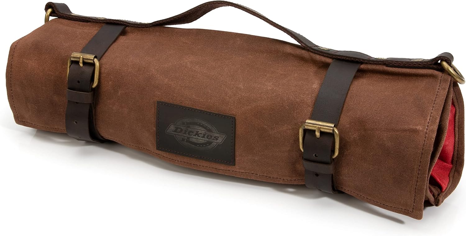 Dickies Organizador portátil para cuchillos de chef y rollo de almacenamiento de cubiertos, lona encerada y cuero, tamaño mediano