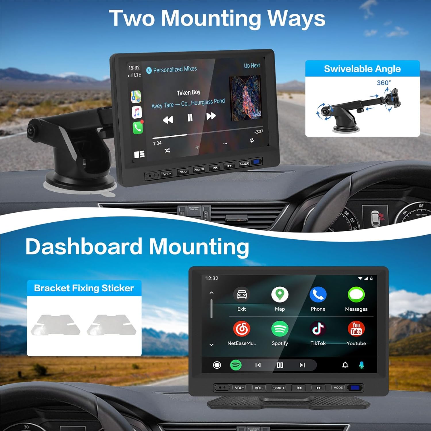 Hikity Estéreo inalámbrico portátil Carplay para automóvil, pantalla táctil HD de 7 pulgadas para automóvil con Android inalámbrico Auto, Mirror