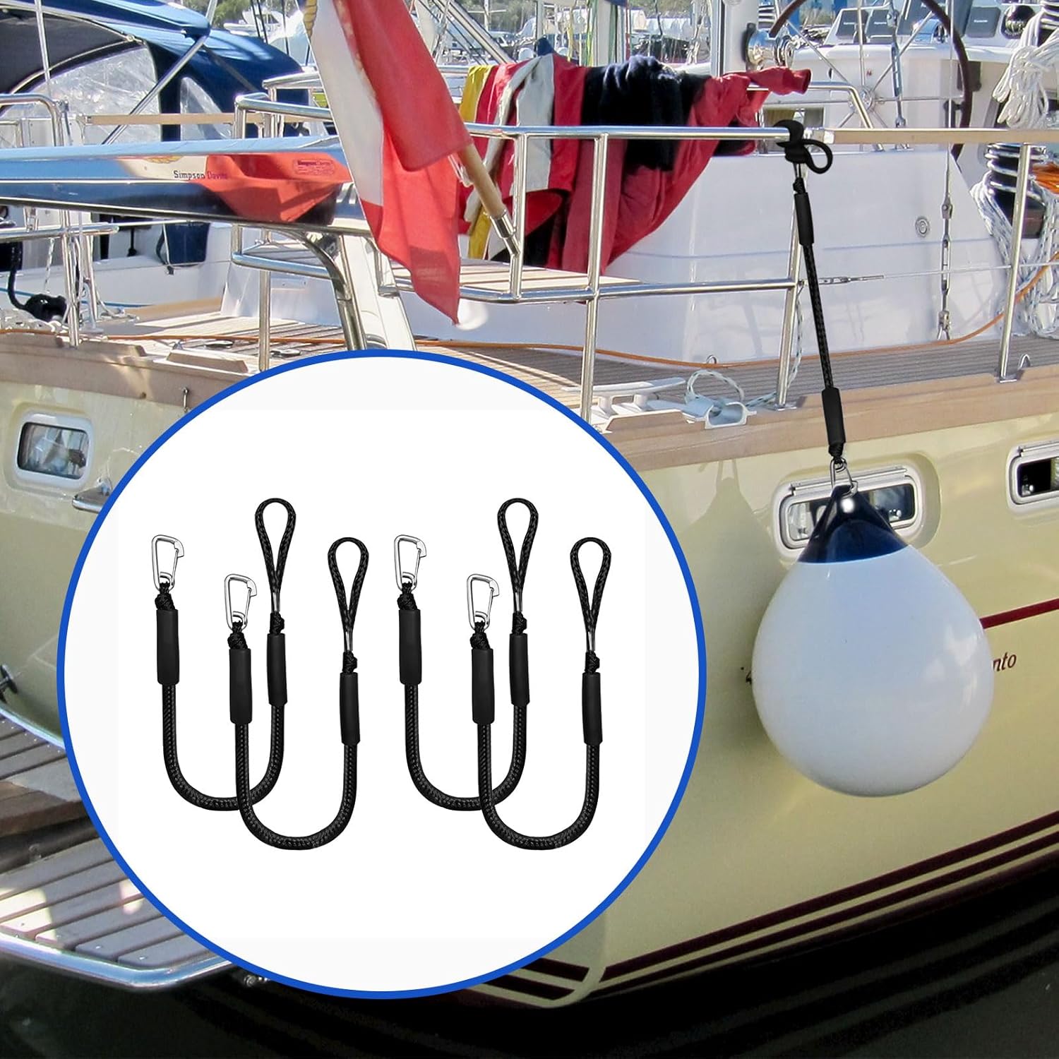 4 líneas de muelle elástico, líneas de muelle elástico de 2 pies con cuerda de amarre de clip inoxidable 316 para acoplamiento para P-W-C, Kay-ak,
