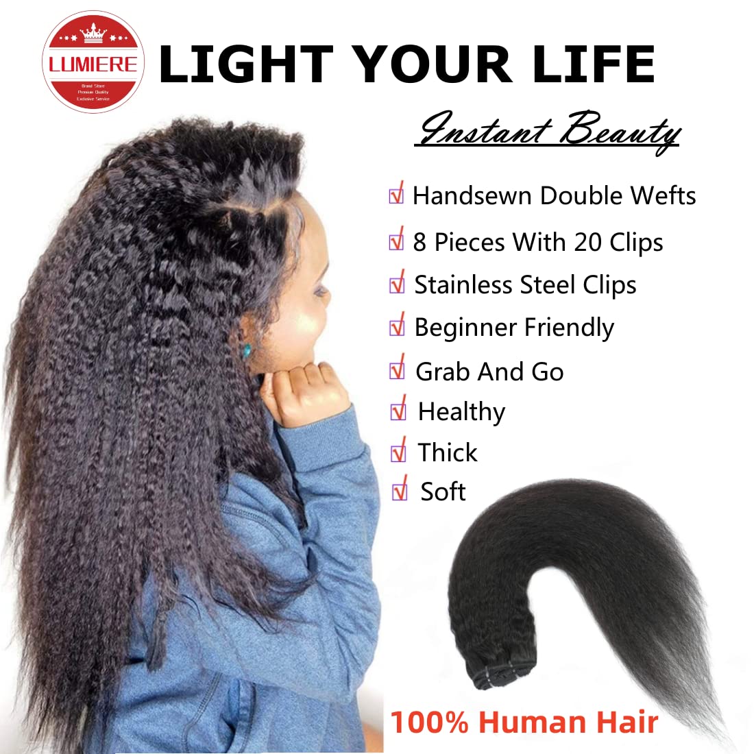LUMIERE Yaki – Extensiones de cabello lacio con clip, grado 10A, cabello Remy brasileño con 20 clips, tramas dobles gruesas y suaves, color negro