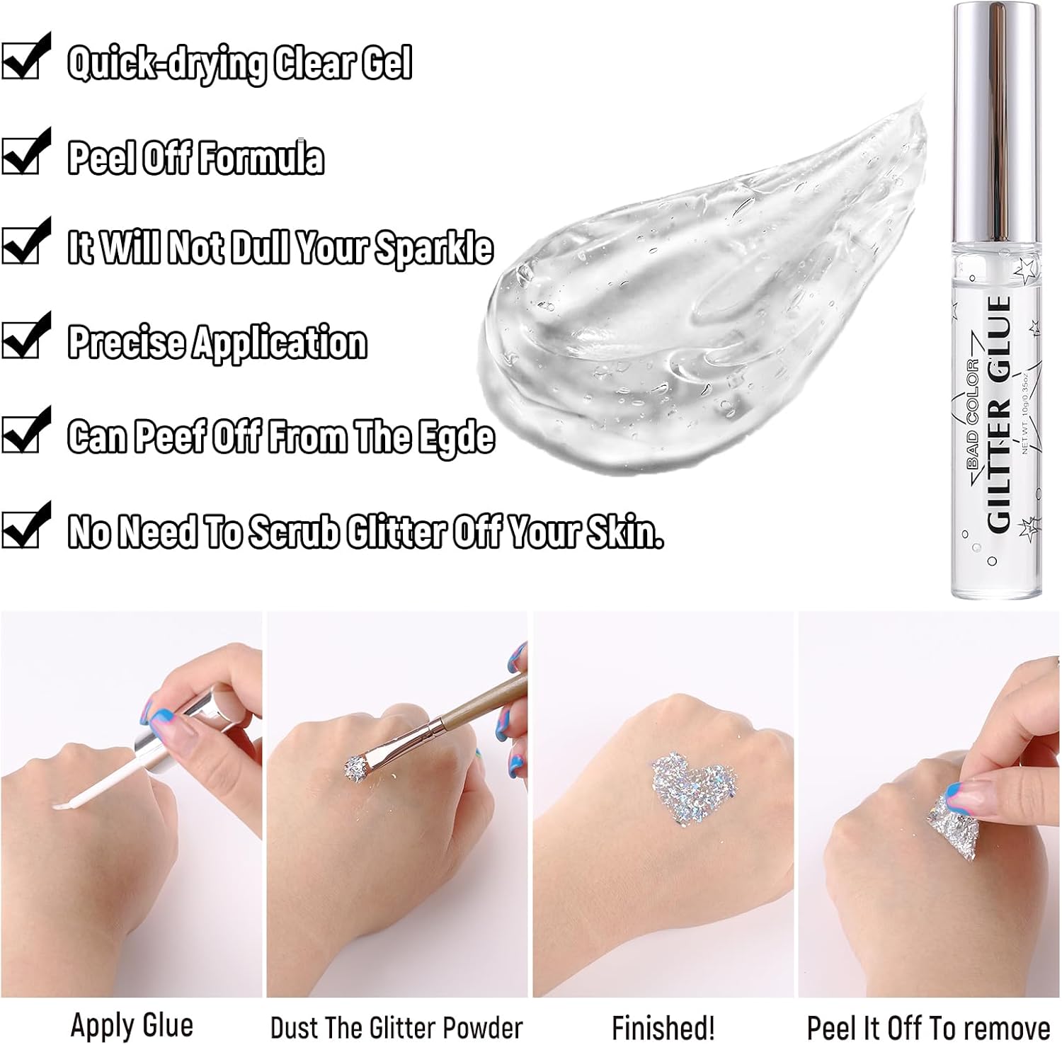 BADCOLOR Paquete de 5 brillos corporales neón UV + kit de pegamento de secado rápido, polvo brillante para cara, cabello, maquillaje de ojos, arte