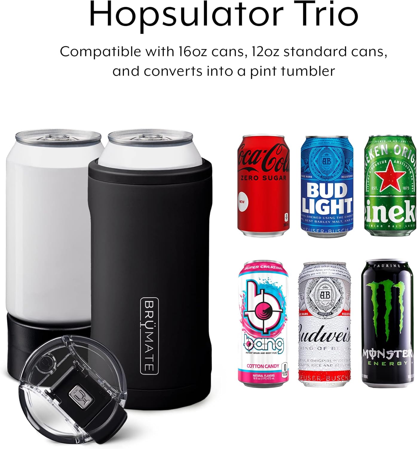 BrüMate Hopsulator Trio – Enfriador de latas aislado 3 en 1 para latas de 12 o 16 onzas + vaso 100 % a prueba de fugas con tapa, aislado para