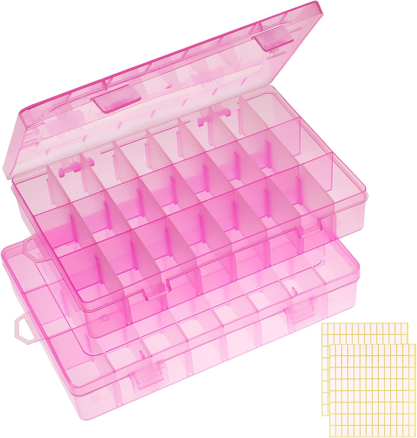Paquete de 2 cajas organizadoras de plástico rosa de 24 rejillas, contenedor de almacenamiento con divisor ajustable, organizadores de manualidades