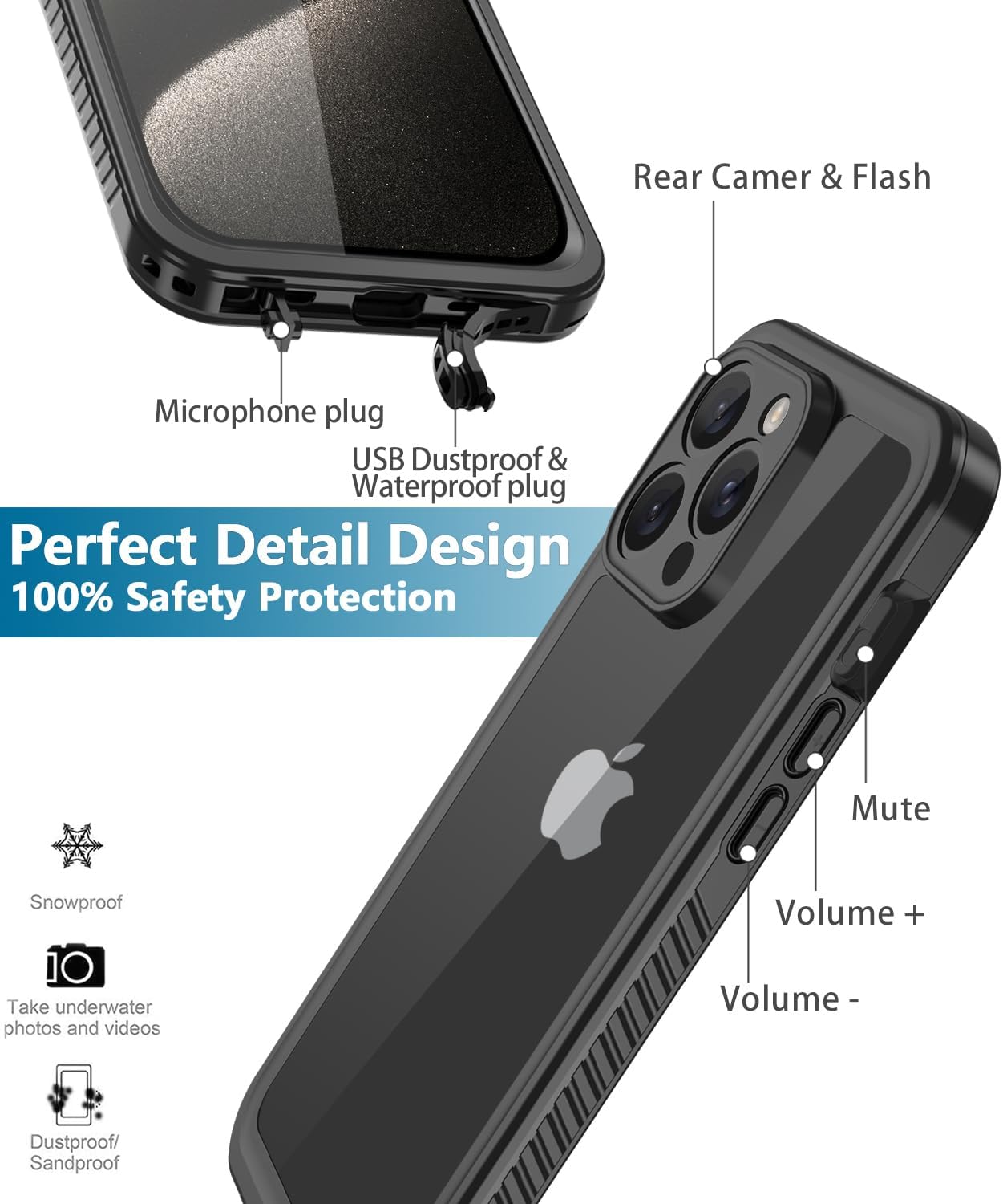 Diverbox Funda para iPhone 15 Pro de 10 pies impermeable a prueba de golpes a prueba de caídas a prueba de caídas a prueba de polvo protector de