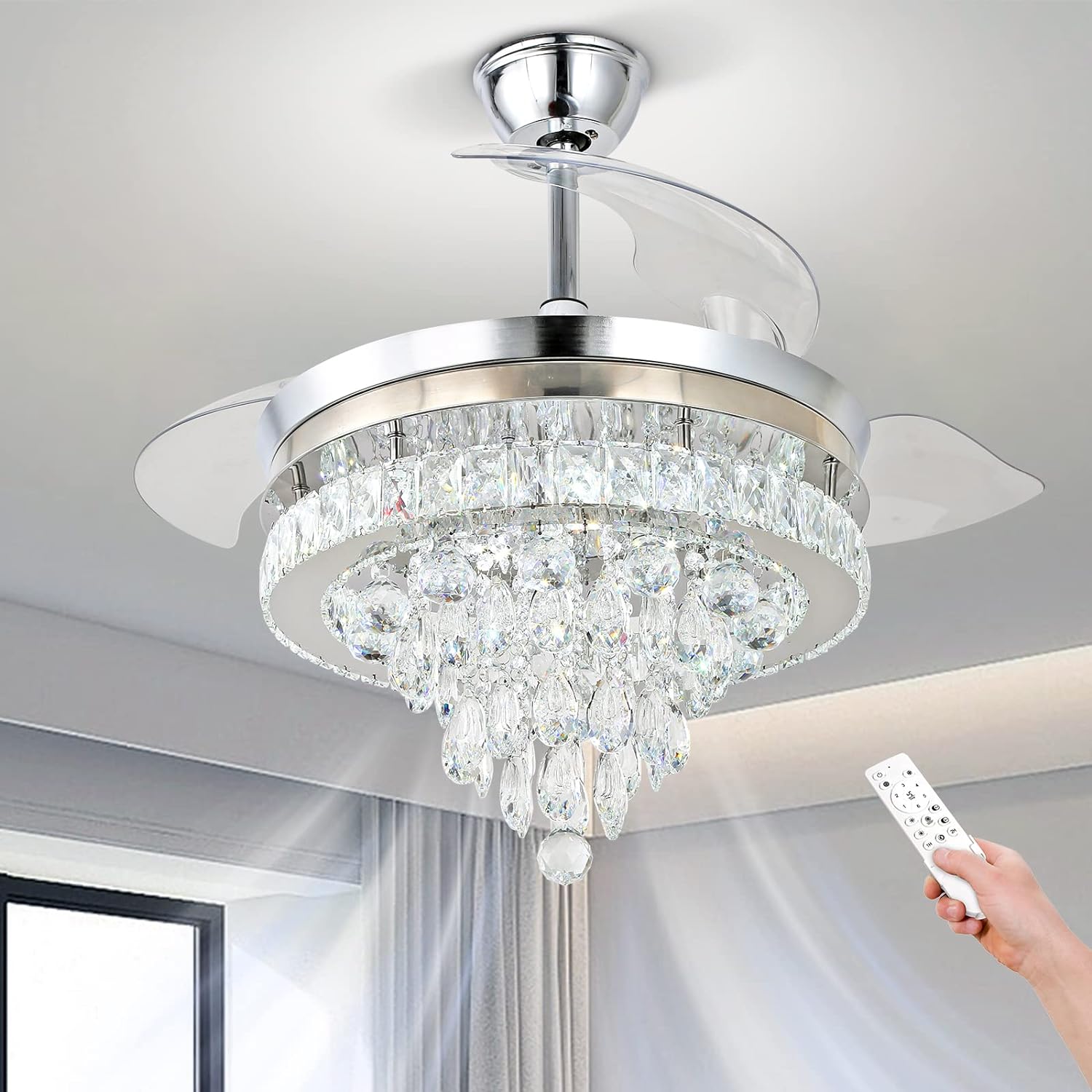 Finktonglan Ventilador de techo moderno de cristal de 42 pulgadas con luces con control remoto, ventilador de techo retráctil con luz LED empotrada,