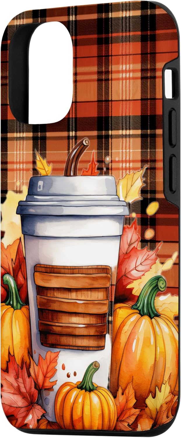 Funda para iPhone 1212 Pro Tartan Plaid Coffee Latte Otoño Calabaza Acción de Gracias