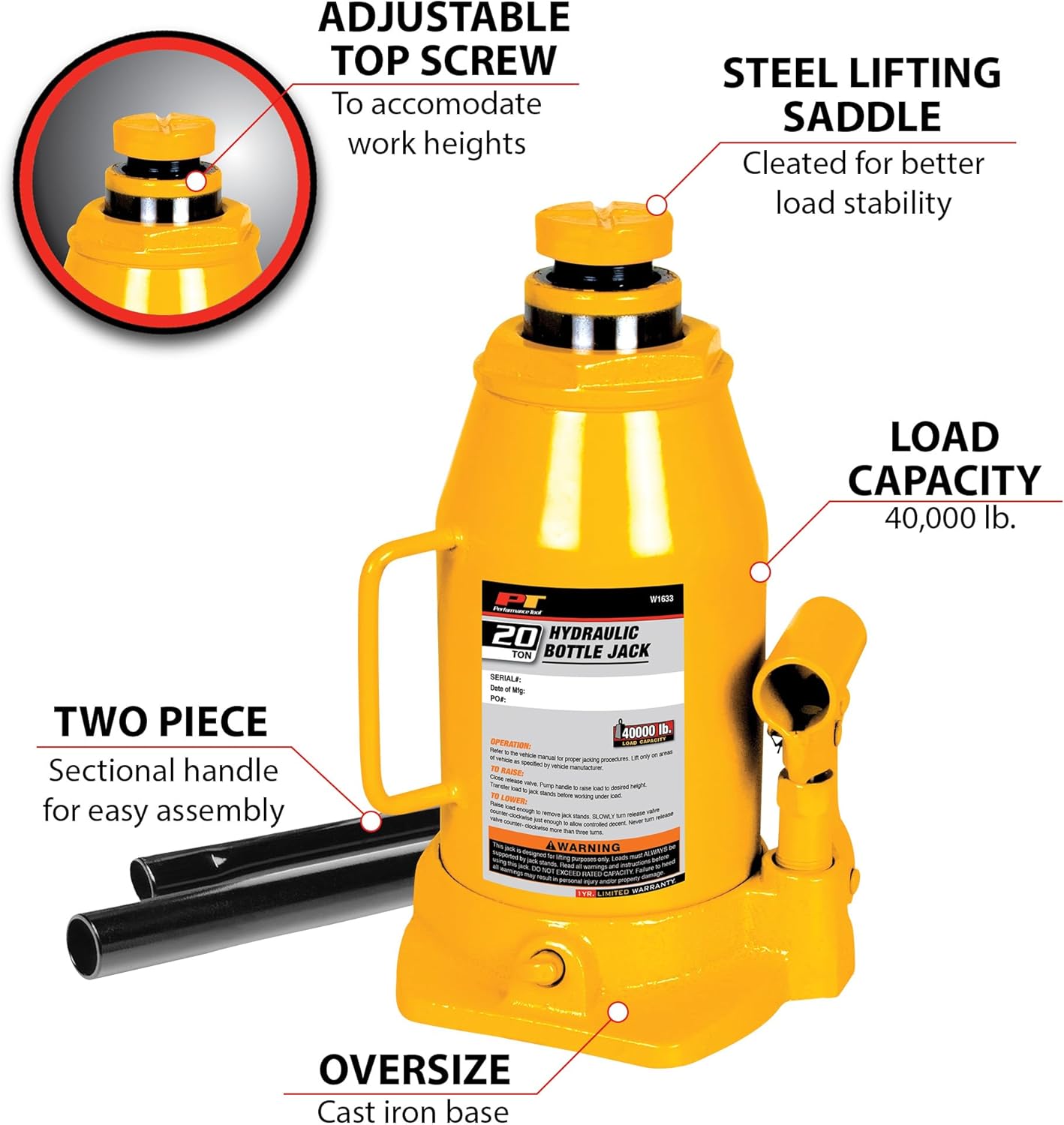 Performance Tool W1633 – Gato hidráulico de 20 toneladas (40,000 libras) Gato hidráulico de botella resistente