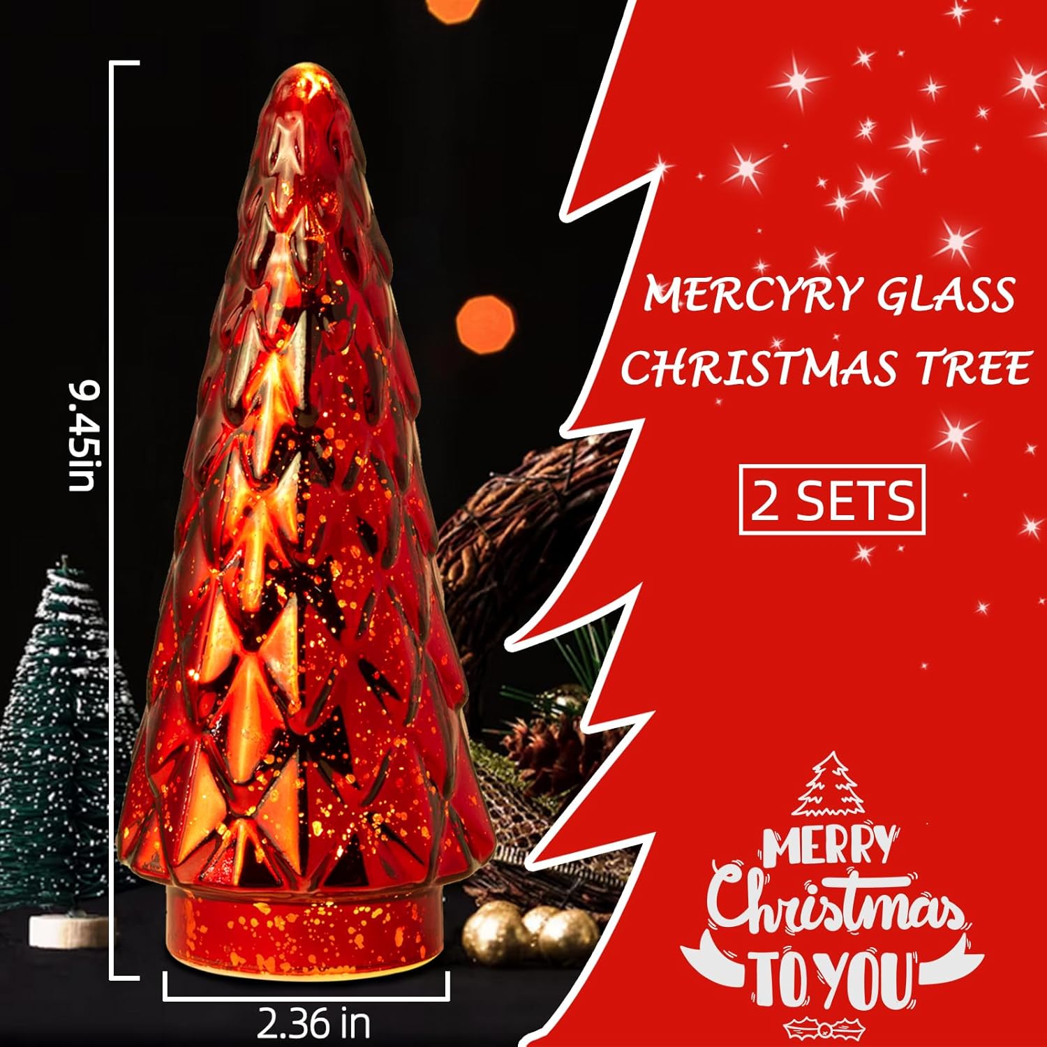 Árbol de Navidad de vidrio de mercurio, paquete de 2 decoraciones iluminadas para árbol de Navidad, centro de mesa de vacaciones, funciona con pilas
