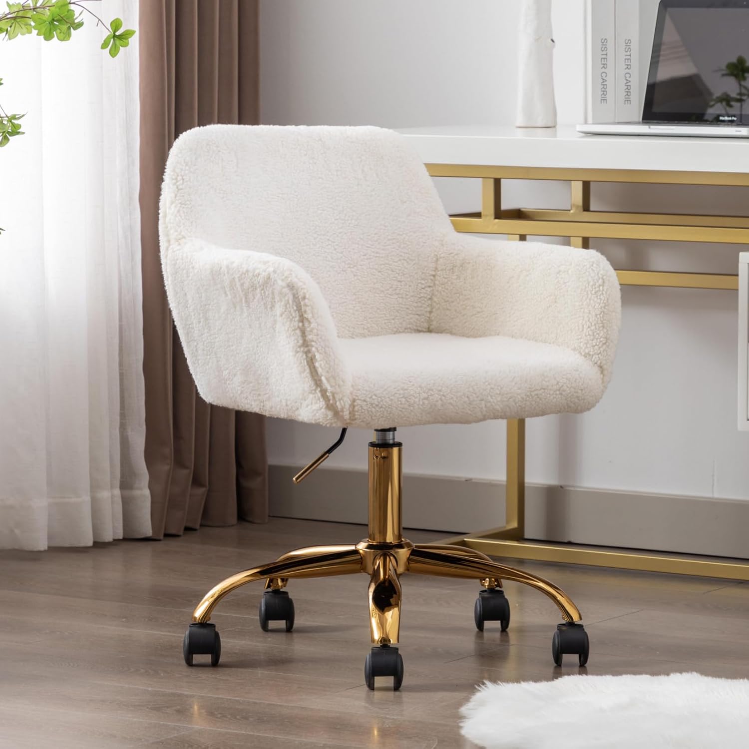 Silla de piel sintética blanca, moderna silla de oficina en casa con giratorio, altura ajustable, silla de maquillaje tapizada para mujeres y niñas