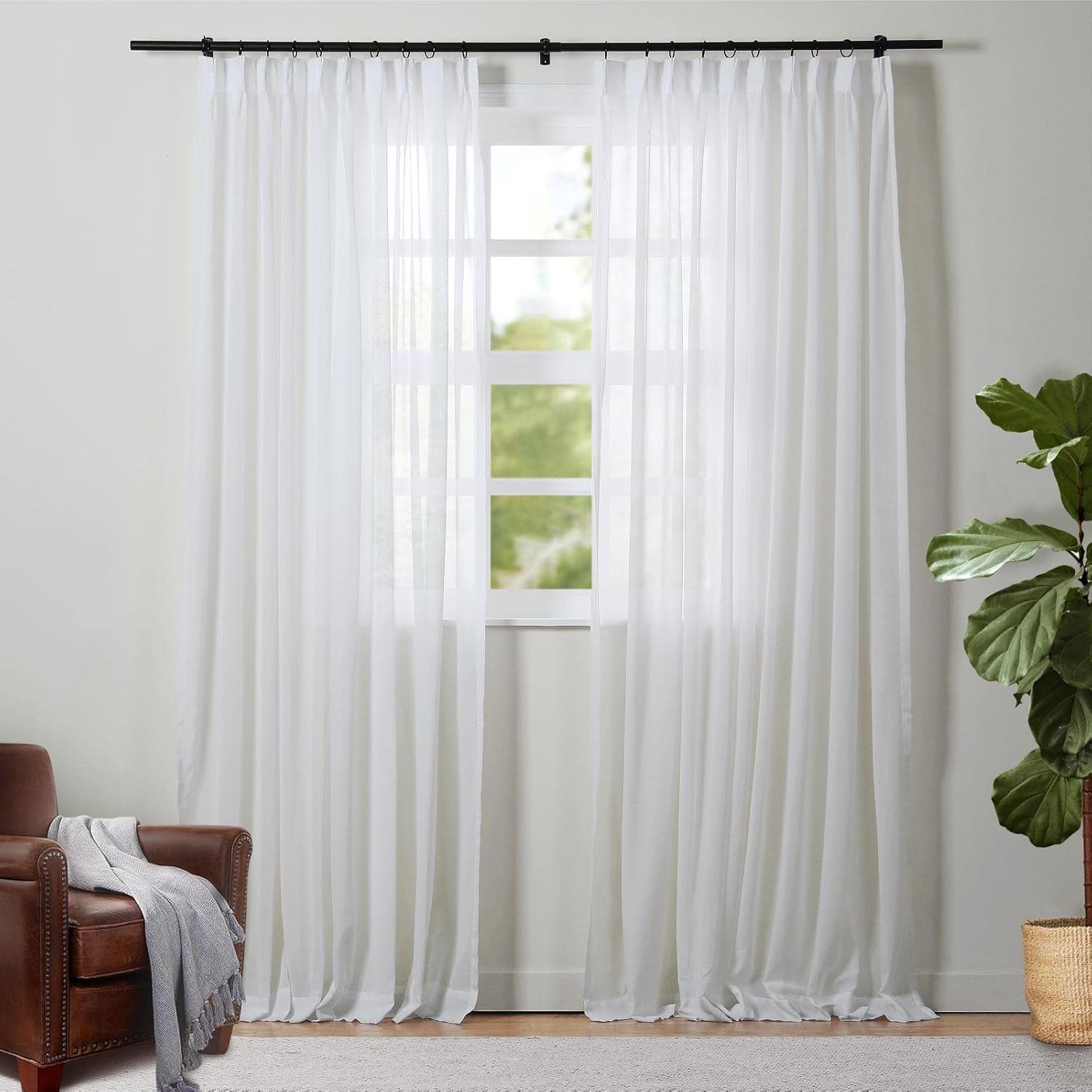 TWOPAGES Cortina plisada de poliéster semitransparente de 96 pulgadas de largo, filtrante de luz, para dormitorio, sala de estar, cortina suave