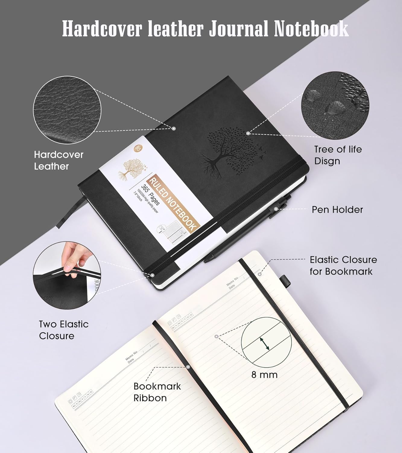 Cuaderno rayado, 365 páginas B5, diarios grandes para escribir cuaderno a rayas, diario de cuero de tapa dura para mujeres y hombres, cuaderno