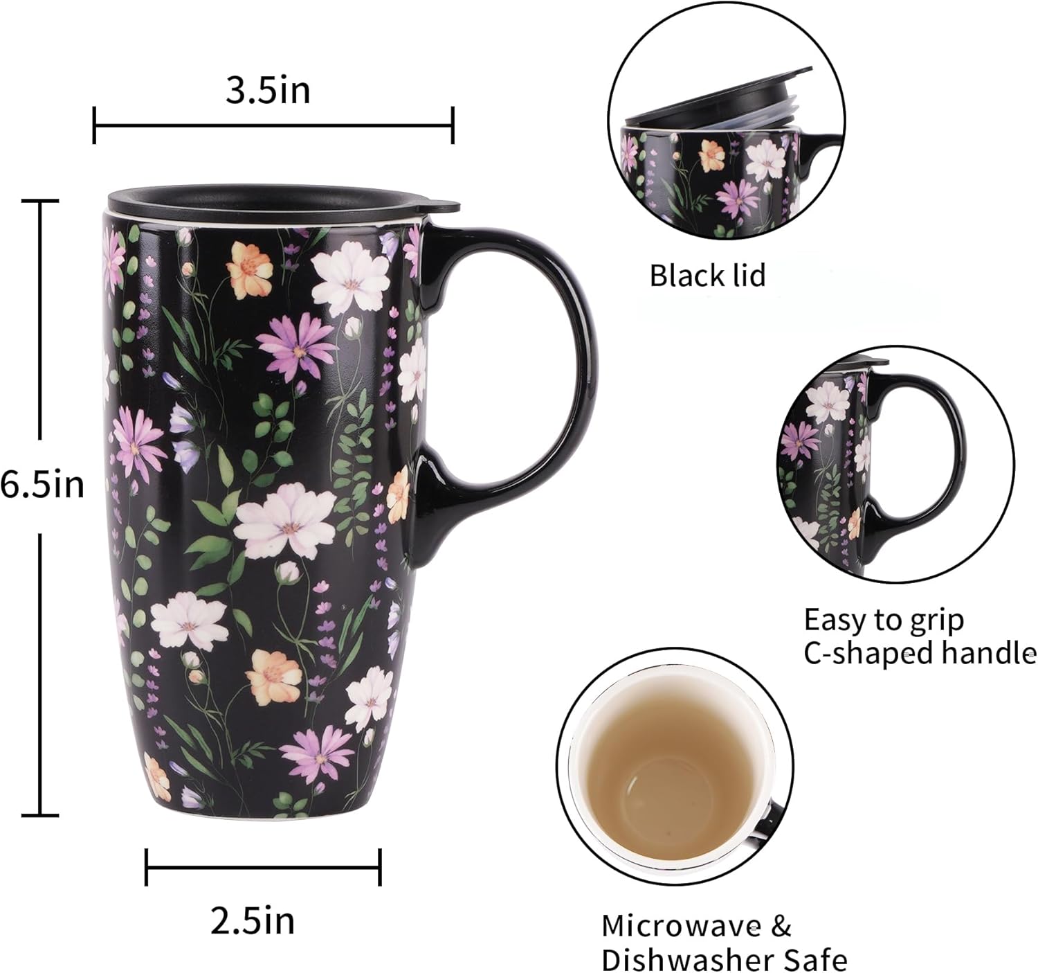 DUSVALLY Taza de café de cerámica taza de café con tapa Taza de té de porcelana con mango 500ML17OZ.,Negro