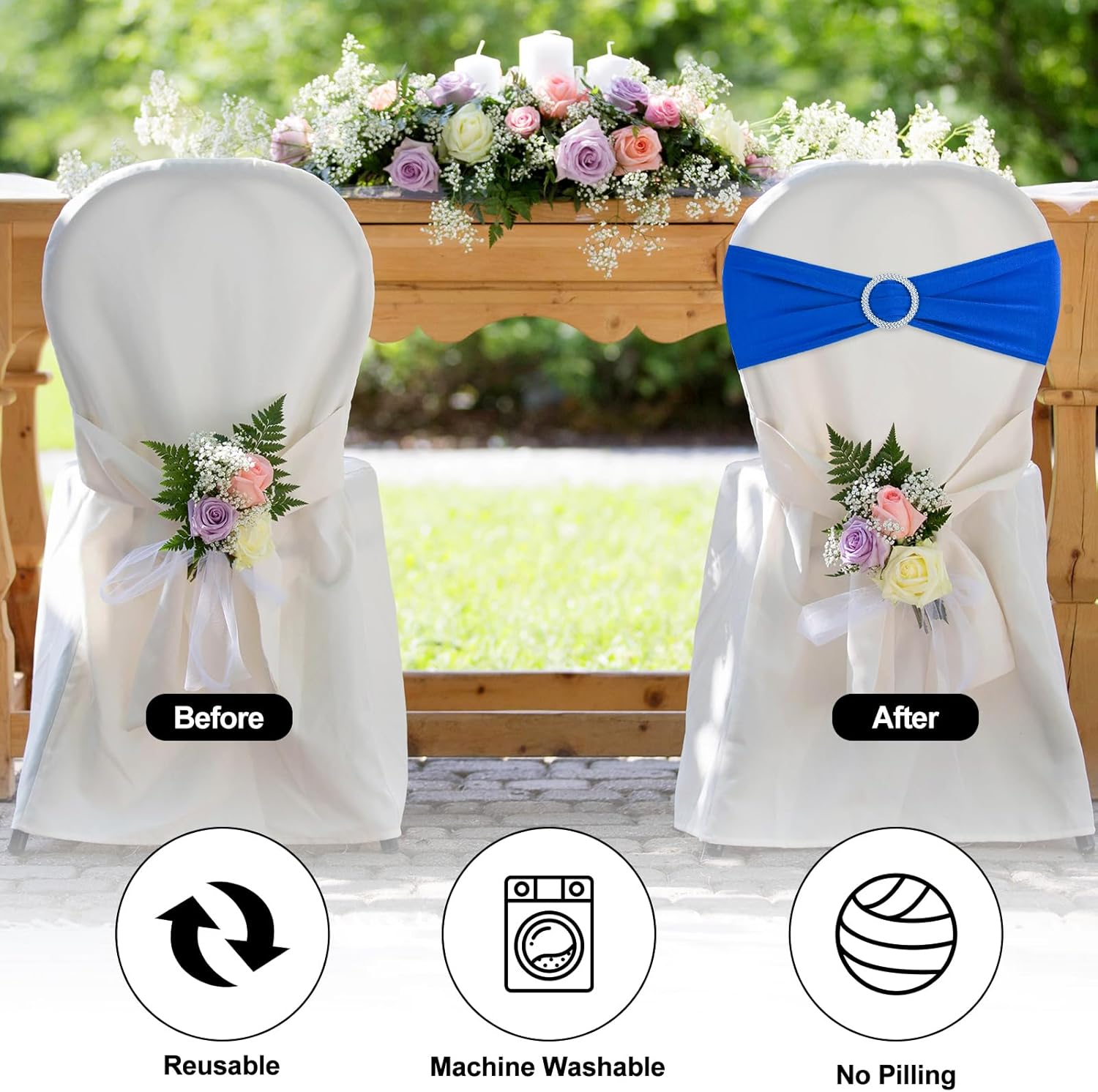 BOUBONI Paquete de 25 bandas elásticas de elastano para sillas con hebillas para sillas plegables, bodas, fiestas, recepciones, baby shower,