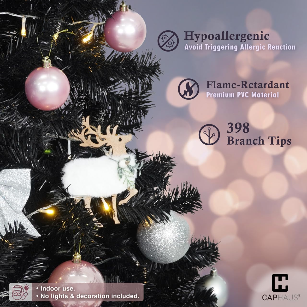 CAPHAUS Árbol de Navidad artificial negro, 4.5 pies con soporte plegable, prebisagras, 398 puntas de rama completa de alta calidad, árbol de Navidad
