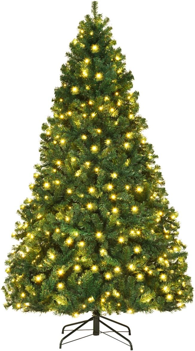 Goplus Árbol de Navidad artificial pre-iluminado, árbol de abeto con bisagras de alta calidad, con luces LED y soporte de metal, fácil de montar,