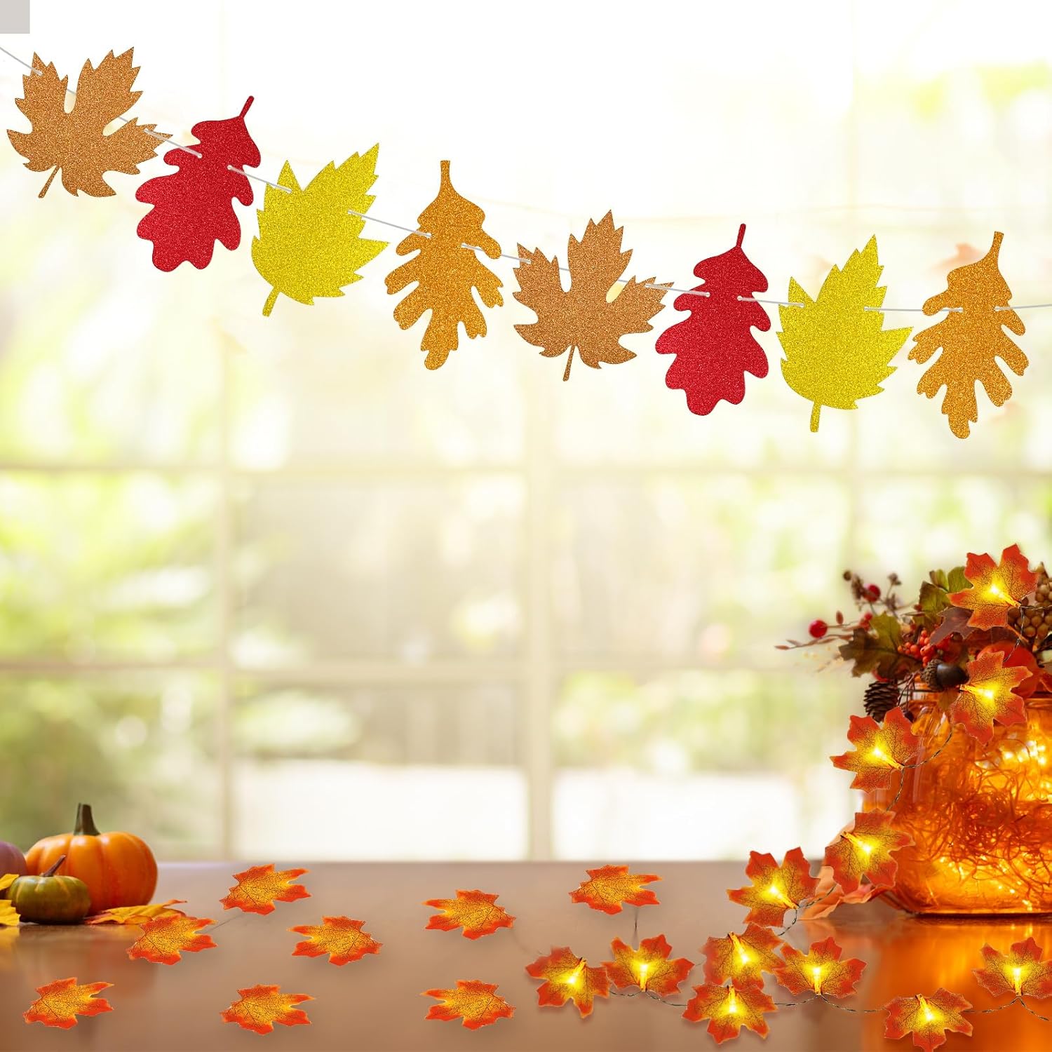 Decoraciones de otoño, guirnalda de oropel con purpurina de 33 pies y 40 luces LED de hojas de arce, hojas de arce artificiales para bodas,