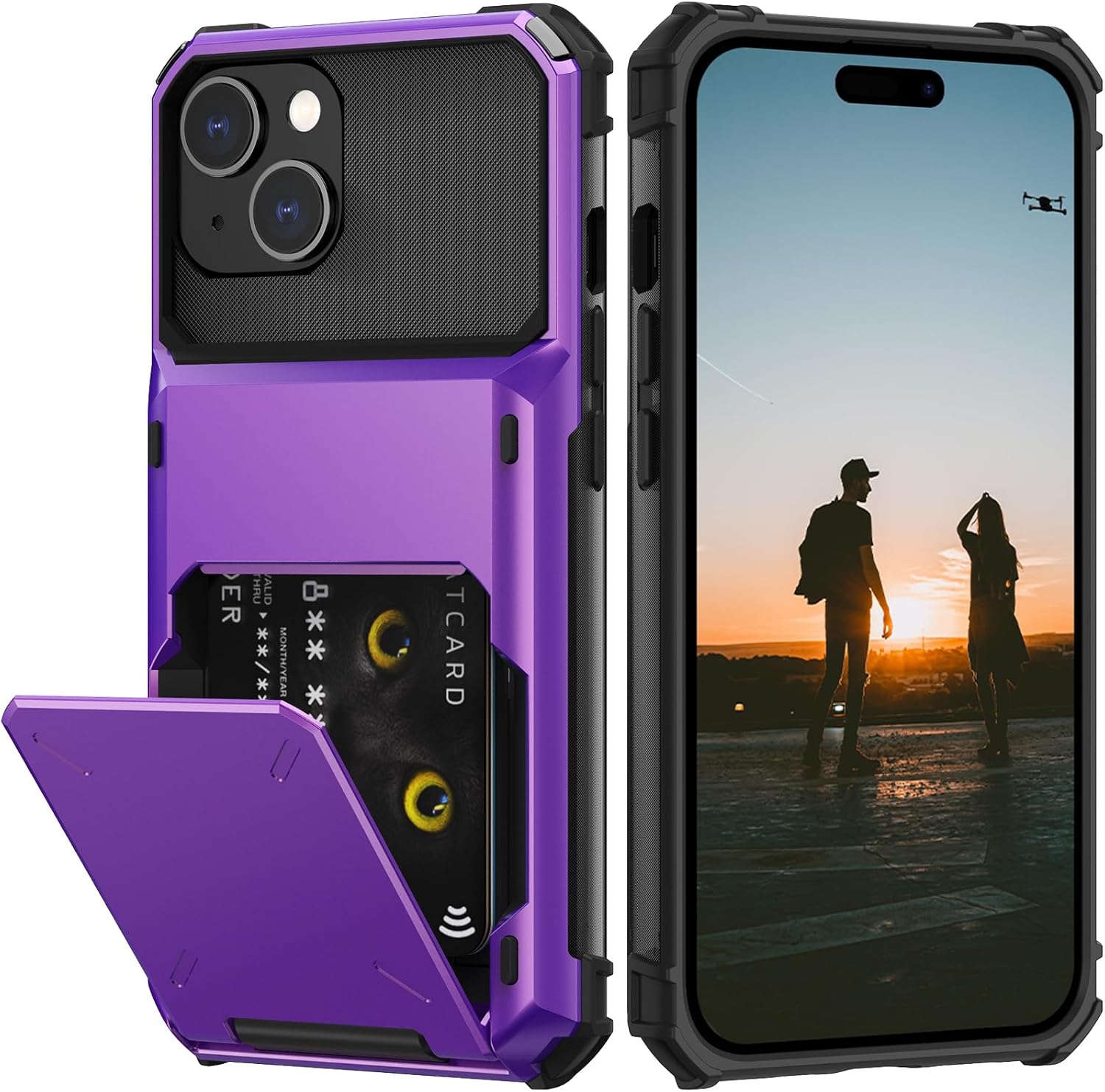 Nvollnoe Funda compatible con iPhone 15 con tarjetero almacena 5 tarjetas Funda de doble capa resistente a prueba de golpes con ranura oculta para