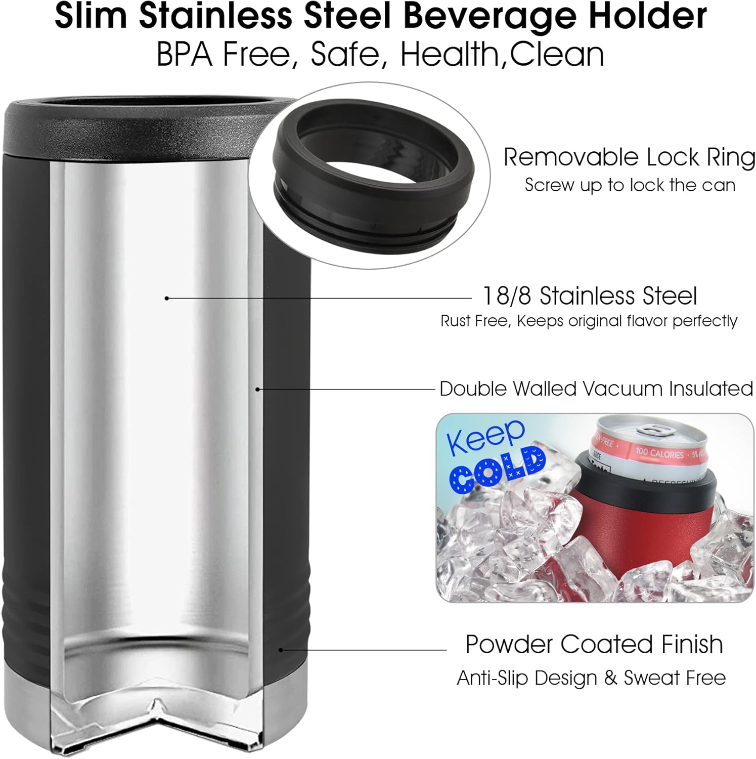 iProductsUS – Enfriador de latas delgado personalizado para latas delgadas de 12 onzas, soporte para latas delgadas de acero inoxidable con