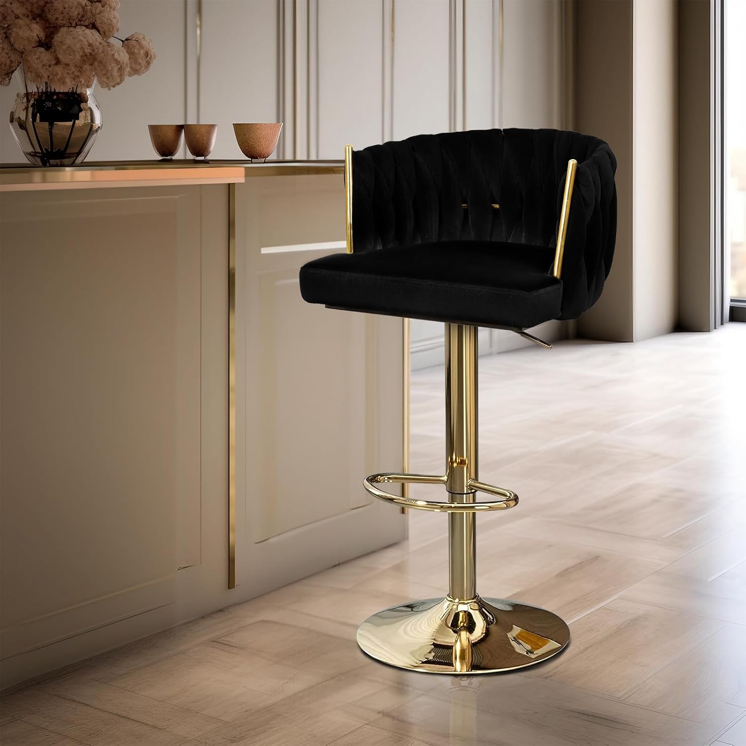Polar Aurora Taburetes de bar con respaldo tejido de terciopelo giratorio de 360 de altura ajustable sillas de comedor tapizadas con patas de metal