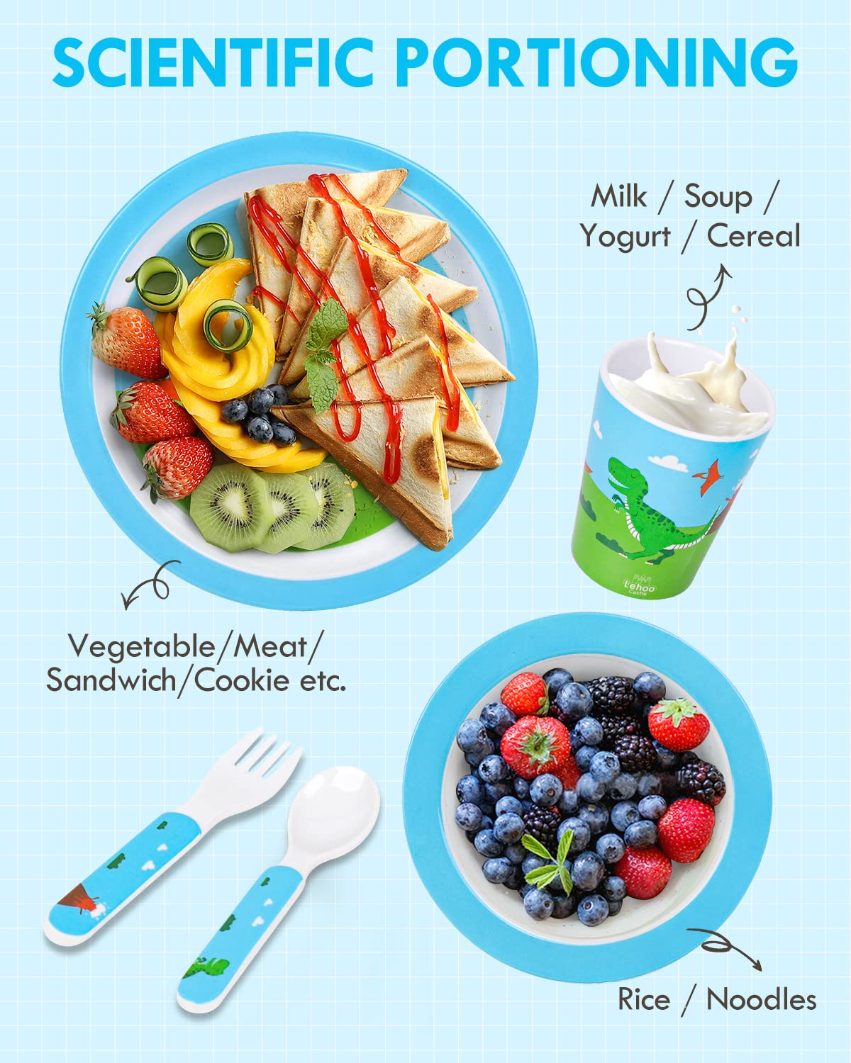Lehoo Castle Juego de platos y cuencos para niños, juego de 5 piezas para alimentación de bebés, incluye plato, cuenco, taza, tenedor y cuchara,