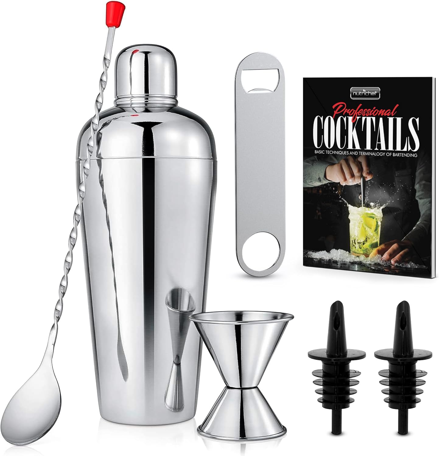 NutriChef Barman – Juego de 7 piezas  Incluye mezclador de cóctel, accesorios esenciales de barra, 2 vertedores de botellas, cuchara mezcladora de