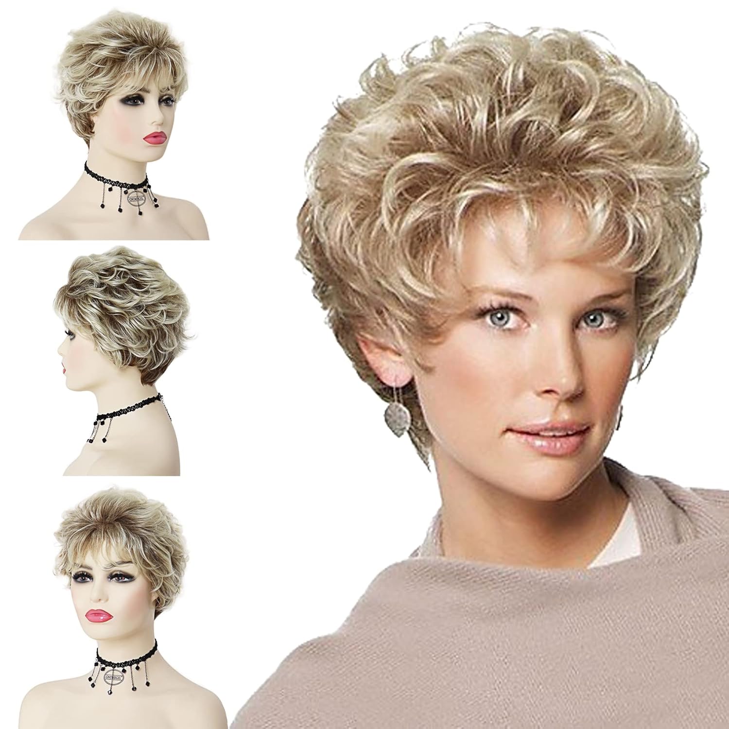 GNIMEGIL Peluca de cabello rubio corto, rizado, peluca natural de mamá con flequillo para mujer, resistente al calor, peluca sintética para cosplay,