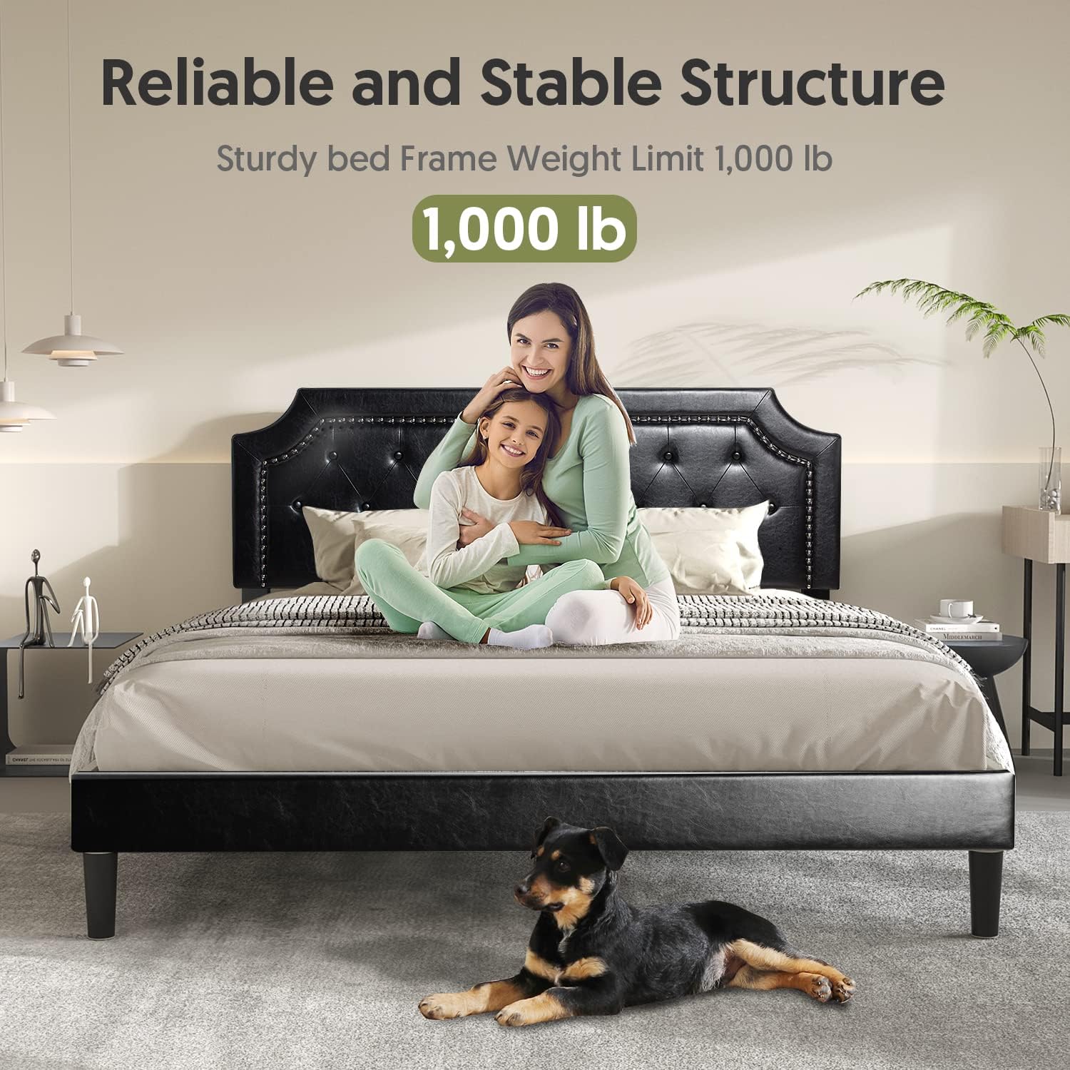 BONSOIR Base de cama tapizada de perfil bajo con cabecera de piel sintética copetuda, no necesita somier, no necesita falda de cama (negro, tamaño