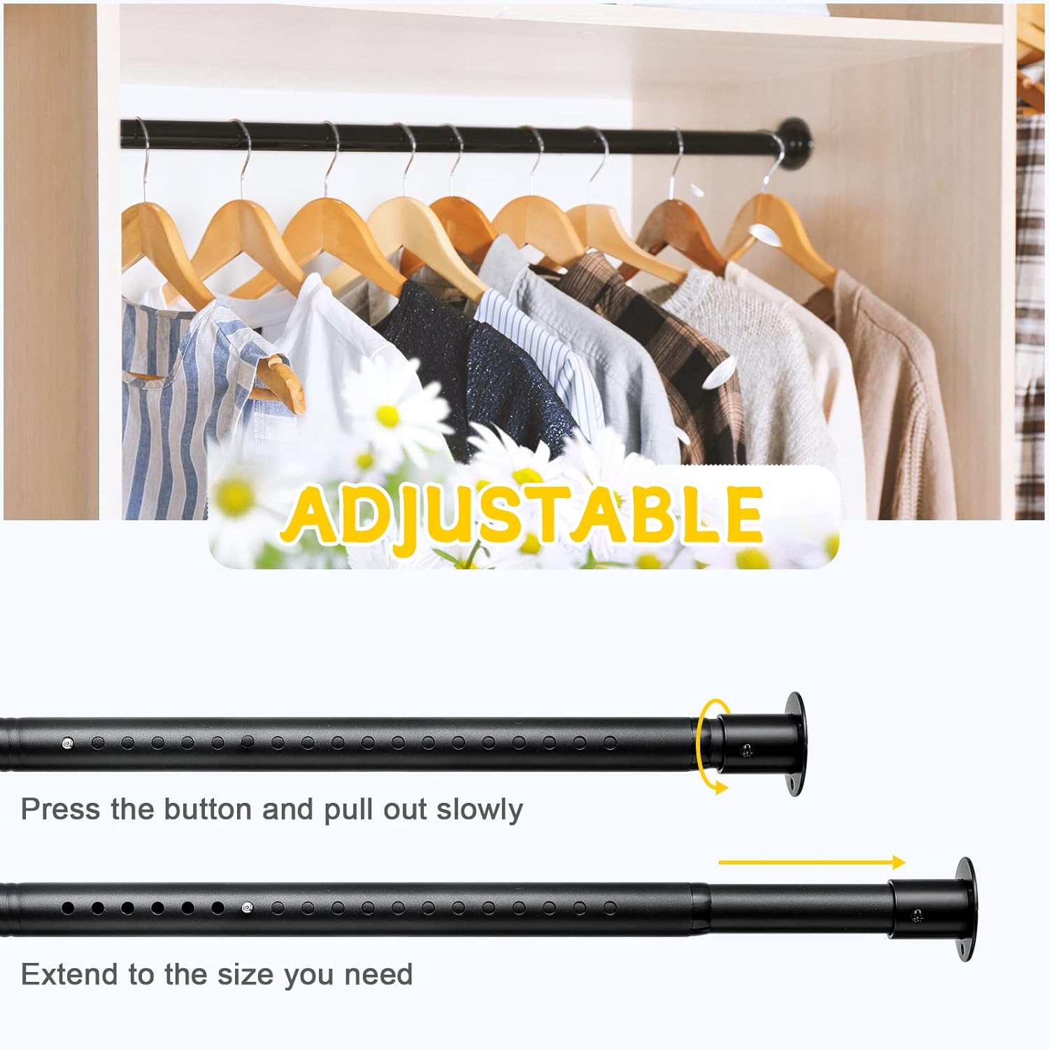 Barra de armario ajustable de 17 a 82 pulgadas para colgar ropa, barra de metal negro para colgar ropa